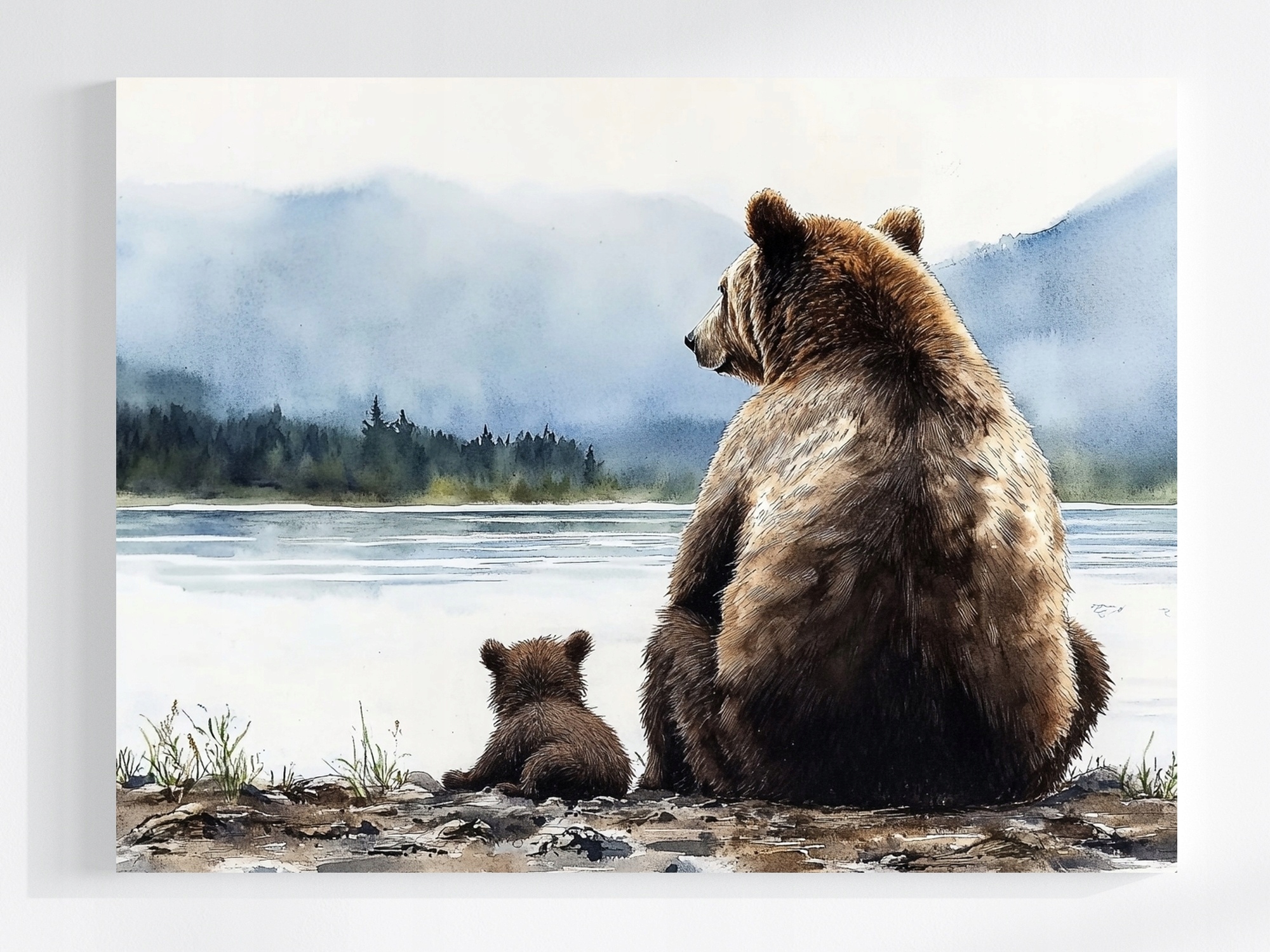 Obraz Na Plátně Canvas Medvěd Maminka Dítě Les Jezero Klid 100x75