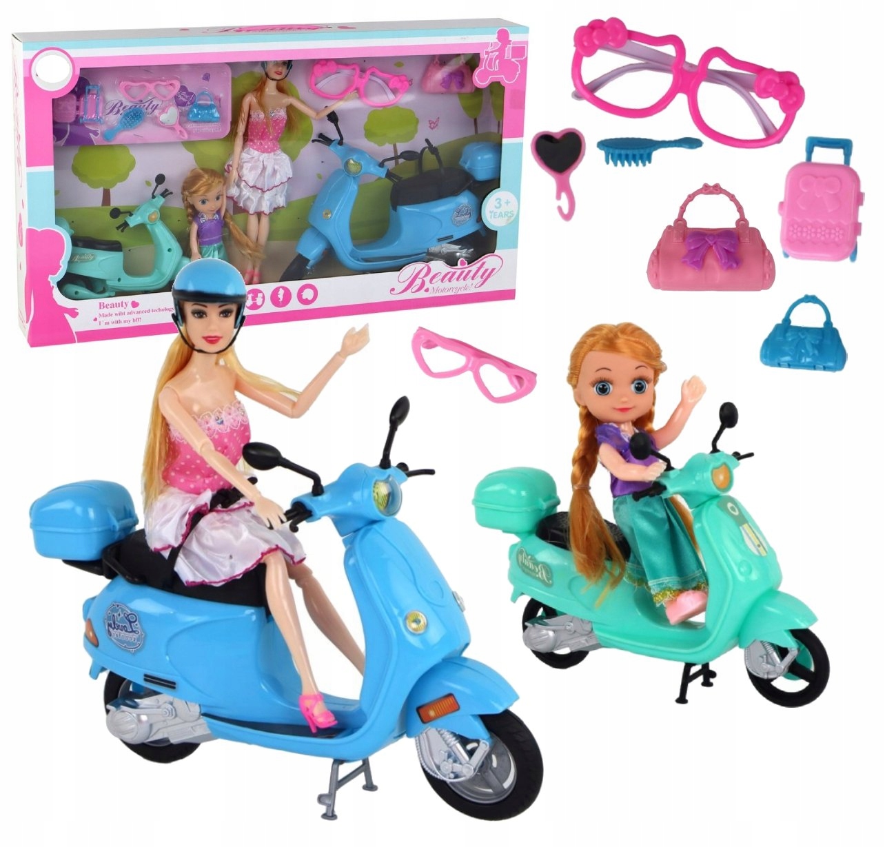 LALKA NA SKUTERZE Z DZIECKIEM + KASKI AKCESORIA