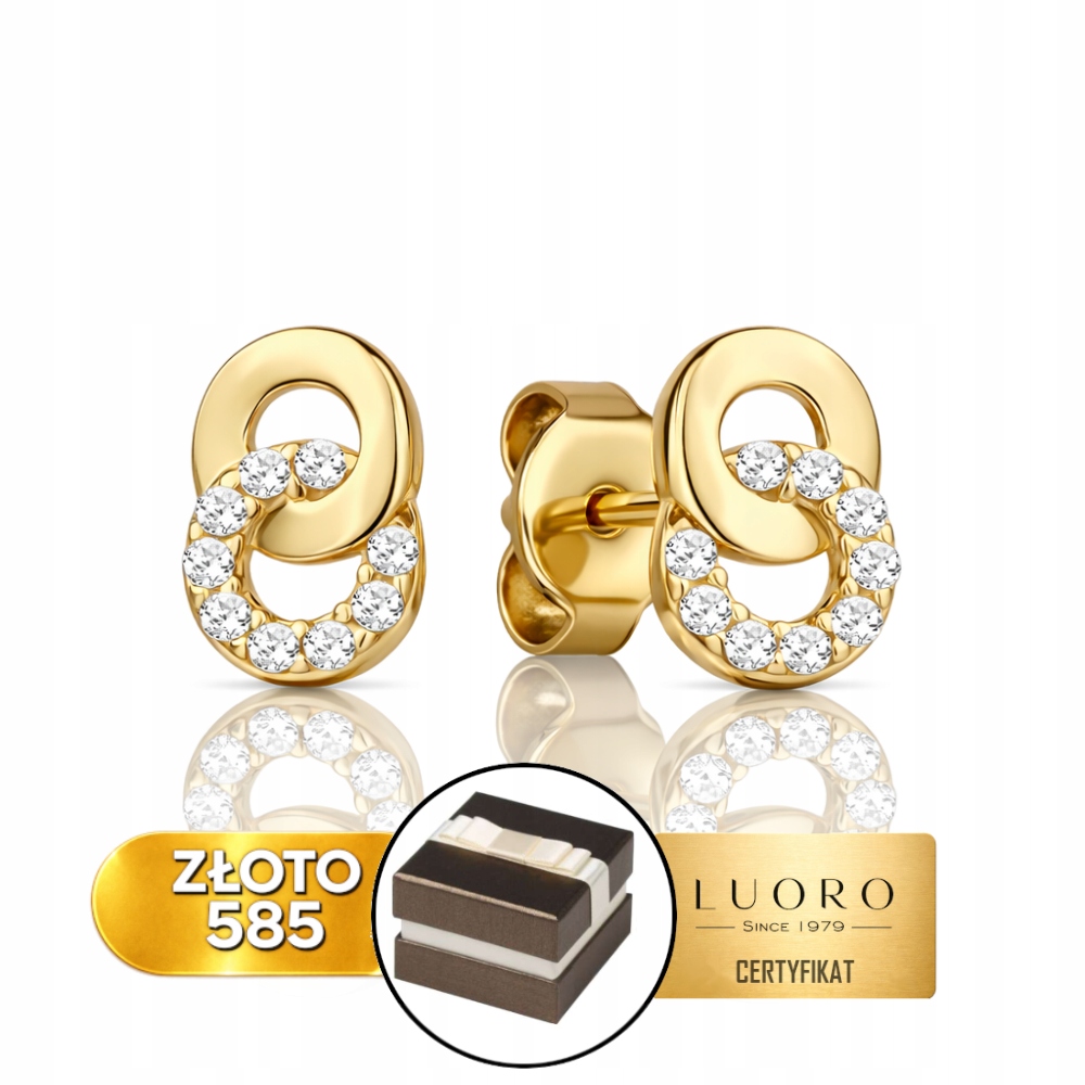 Náušnice Zlaté 585 14K Spletené Kruhy Se Zirkonem Tyčinka 0,7 CM Dárek