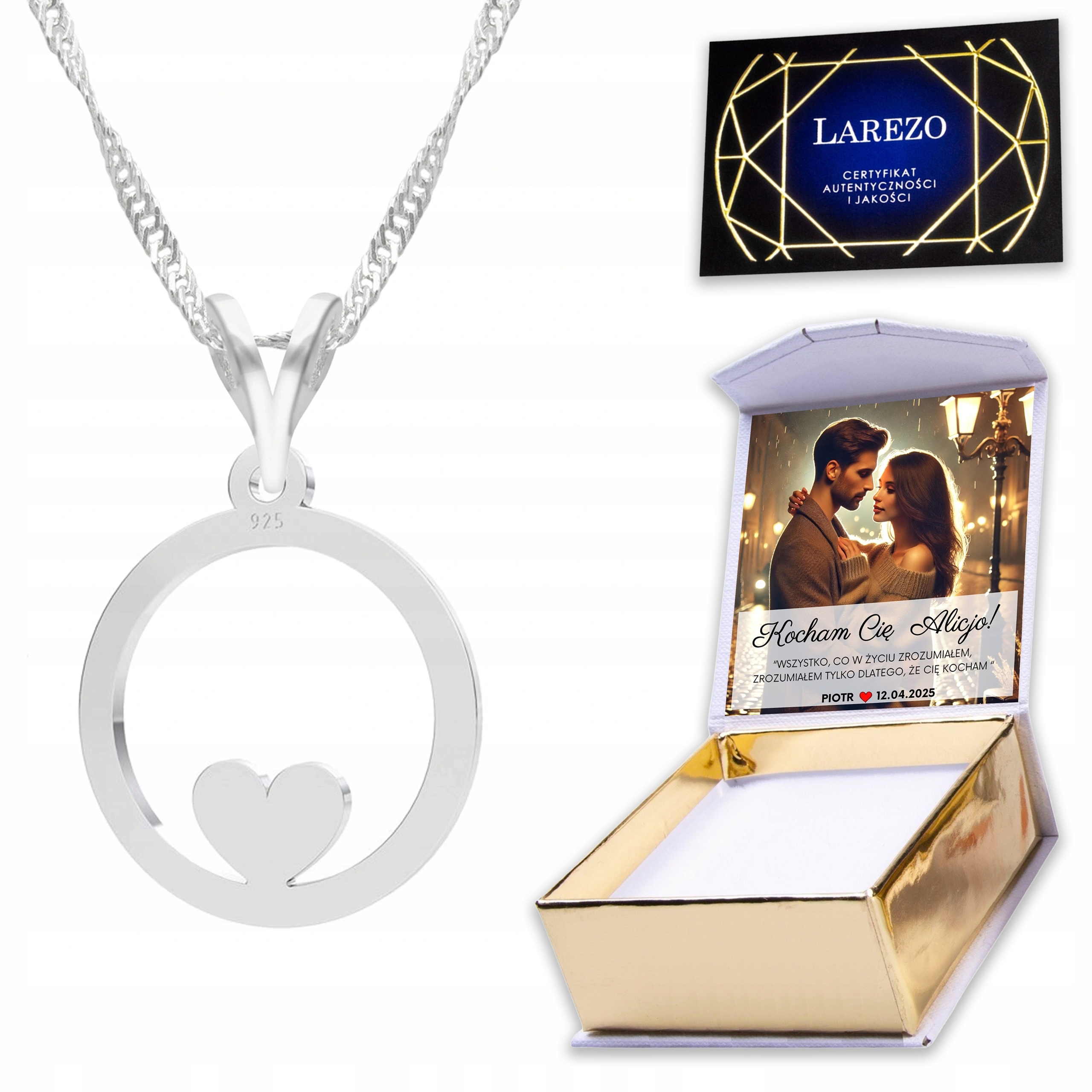 Stříbrný náhrdelník 925 Kolo Srdíčko Love Heart Miluji tě Vlastní Potisk