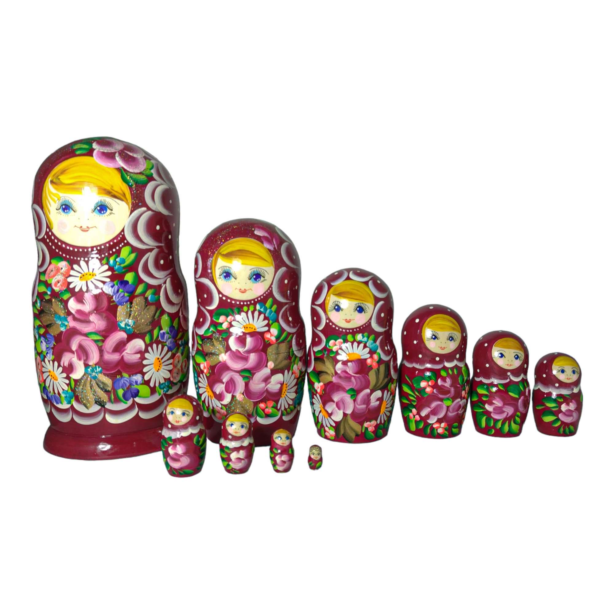 Dřevěná panenka Matrjoška Babuszka 10v1 25 cm rečně malovaná fialová