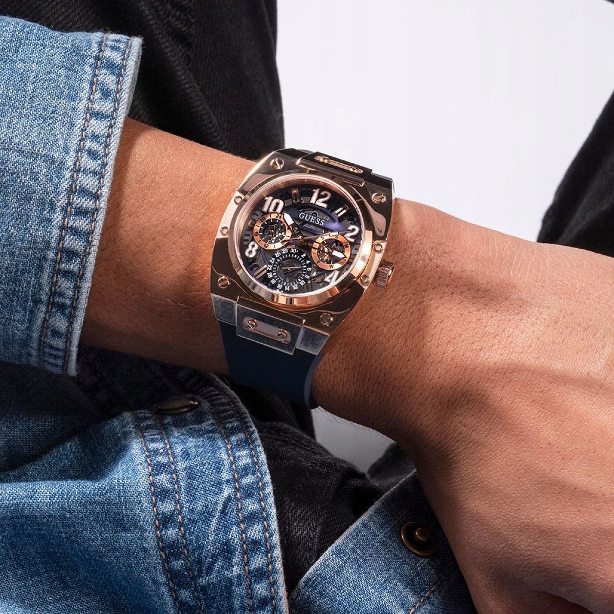 Guess Prodigy pánské hodinky růžovozlaté s modrým páskem GW0569G3