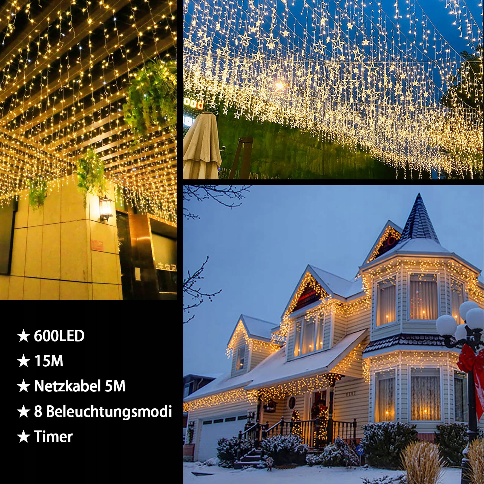 LICHTERKETTE Kurtyna LED 15m 600 LED IP44 Timer 8 Trybów — miniatura 5