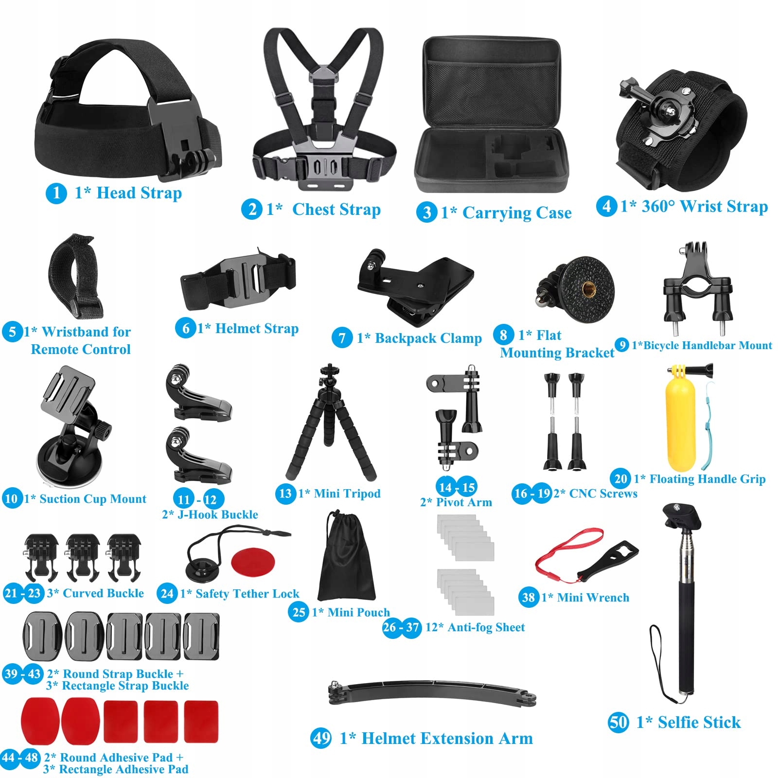 Zestaw Akcesoriów 50w1 Do Kamer Sportowych GoPro DJI Insta360 BONVVIE — miniatura 6