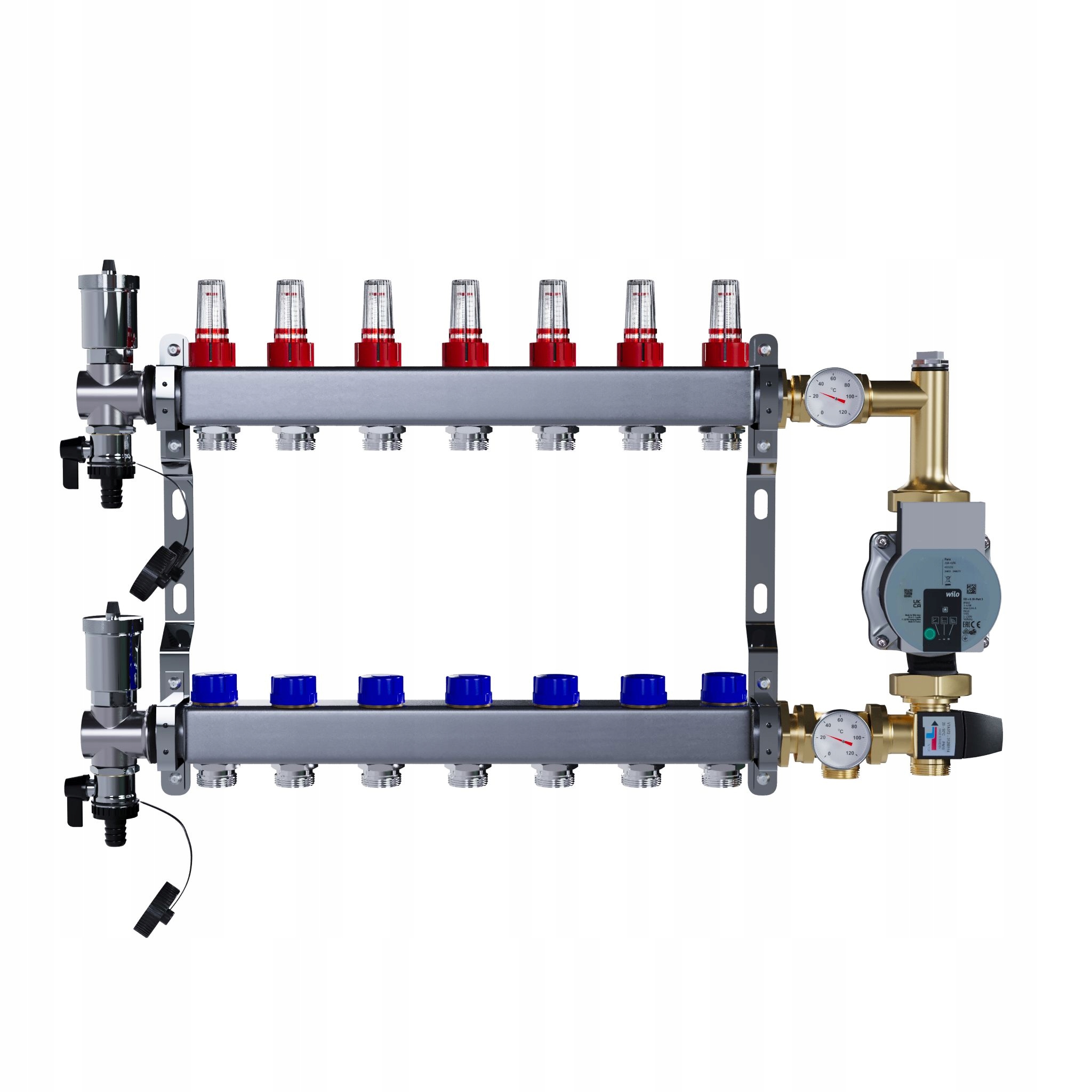 Rozdělovač pro podlahové vytápění 7 okruhů nerezový Čerpadlo Wilo