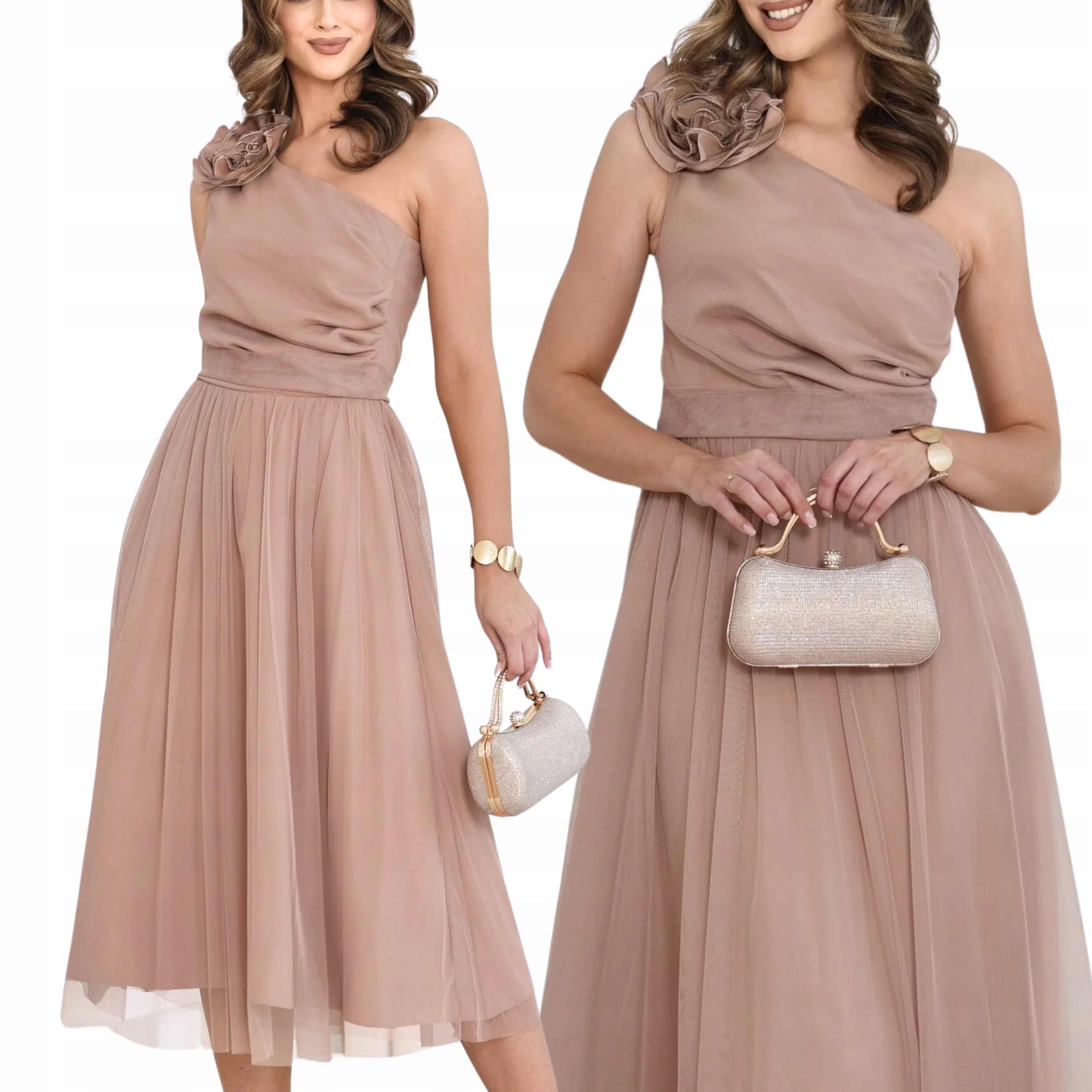 Sukienka MIDI Tiulowa Z Kwiatem Na Komunię Wesele Beżowa rozmiar 44