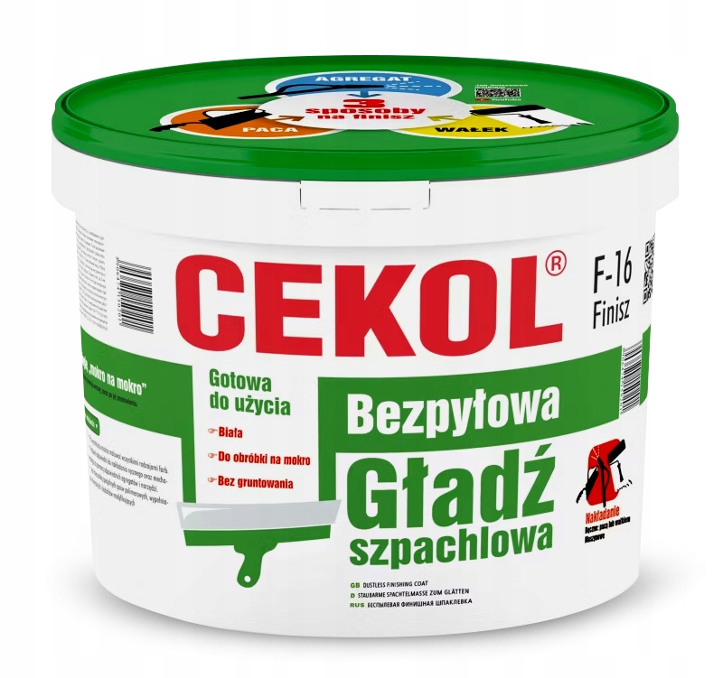 Bezpyłowa gładź szpachlowa Cekol F-16 Finisz 20 kg gotowa do użycia