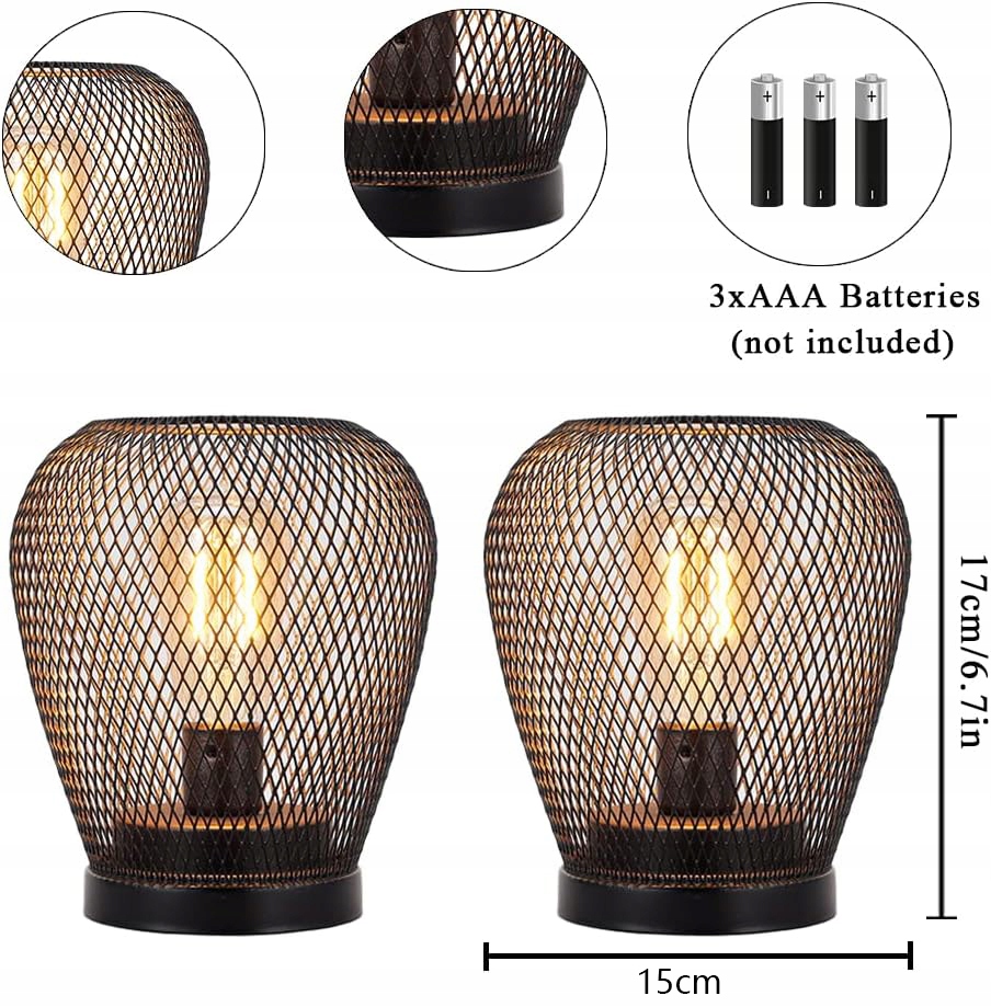 2X LAMPA LED Z METALOWĄ KLATKĄ, 17 CM, ZASILANA BATERIĄ, IDEALNA NA PATIO Zasilanie bateryjne