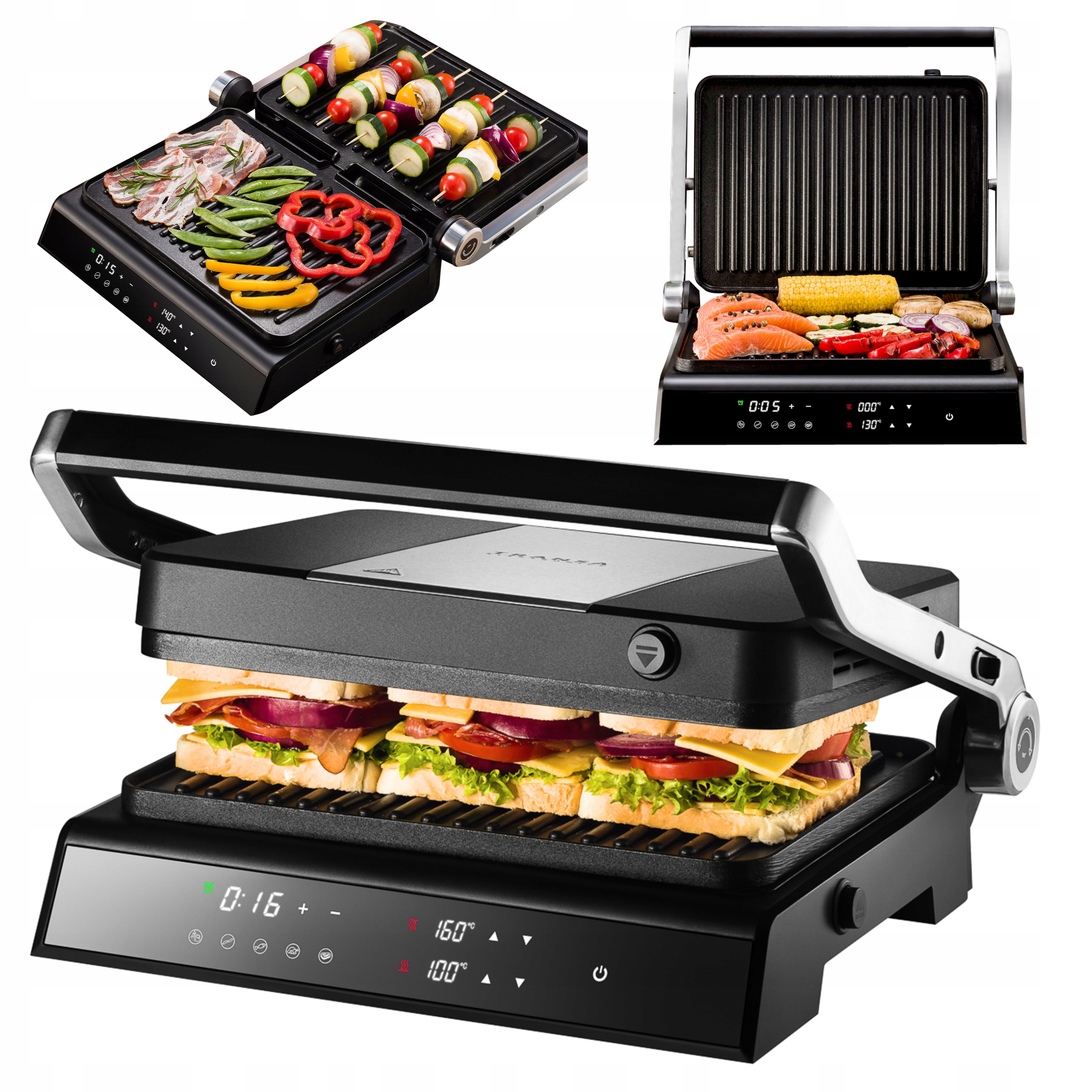 Grill Elektryczny Z Regulacją Temperatury 5 Programów Rozkładany Led 2200W