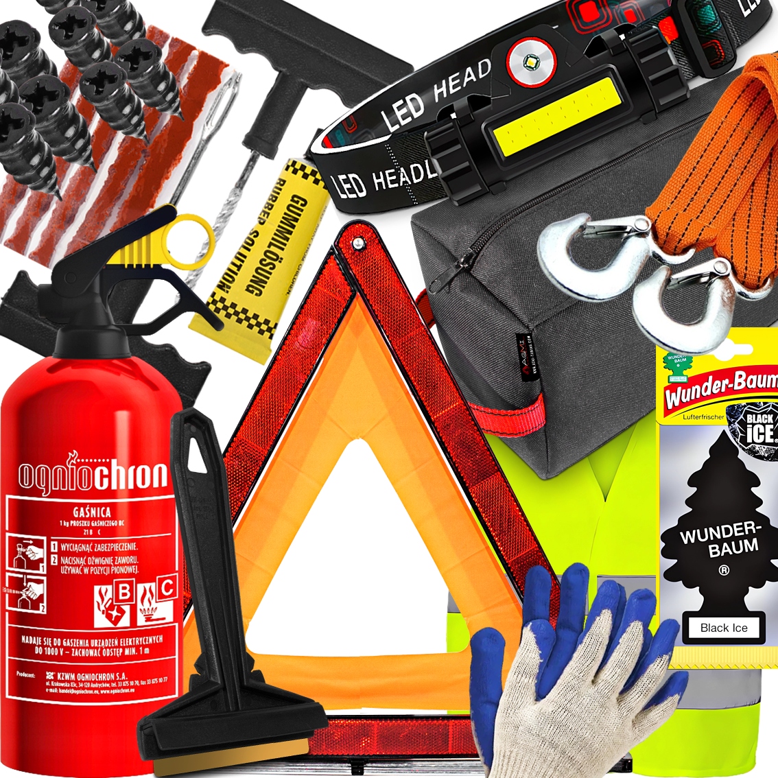 Hasicí Přístroj Trojúhelníková svítilna Šrouby Šňůrky na opravu pneumatik Vesta Murska 575