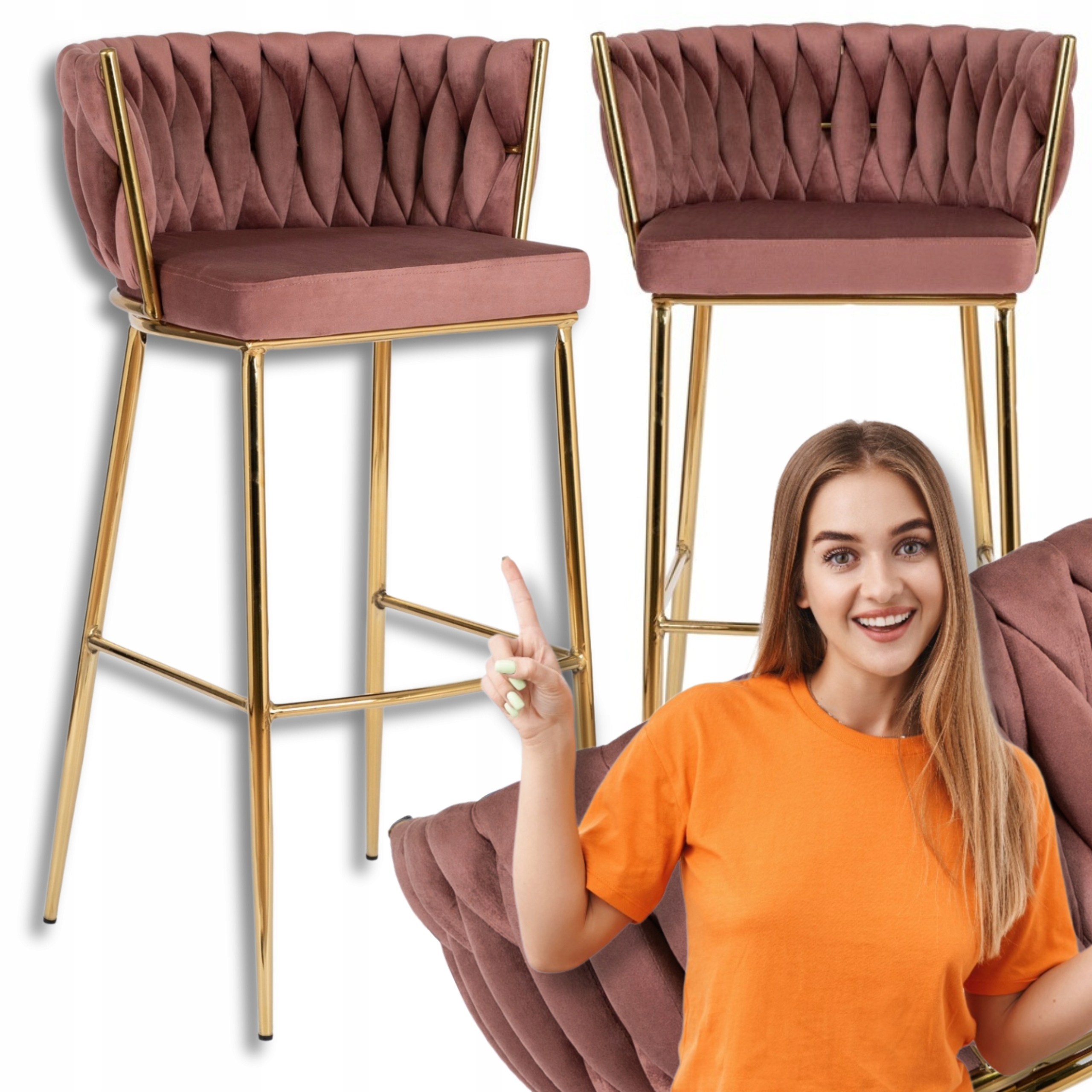 Barová Židle Barová židle s opěradlem Výplet Zlaté nohy Velur Růžová Flores 2