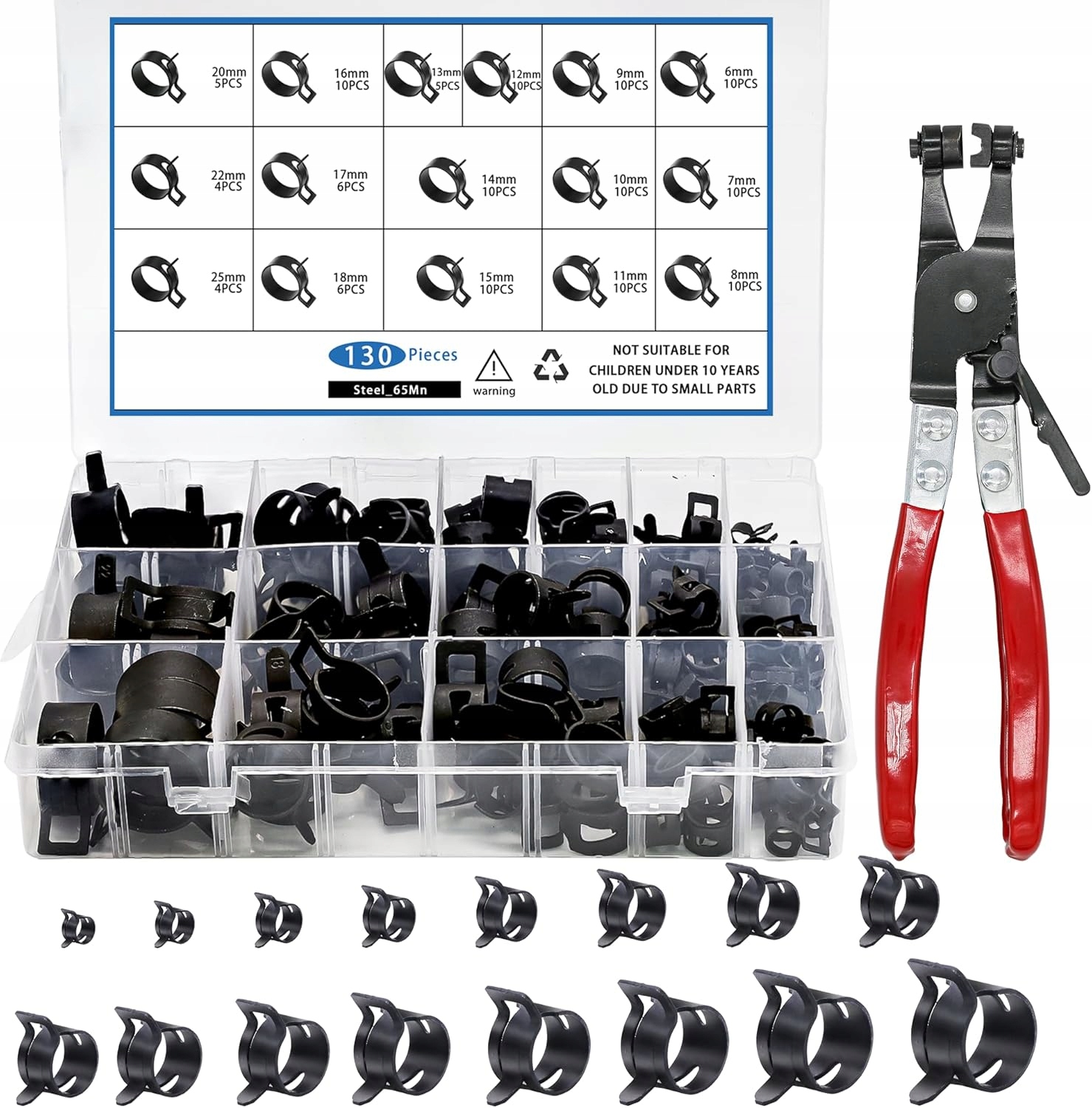 130X Zestaw Opaska Zaciskowa Metalowa Skręcana Ślimakowa 6-25MM Szczypce