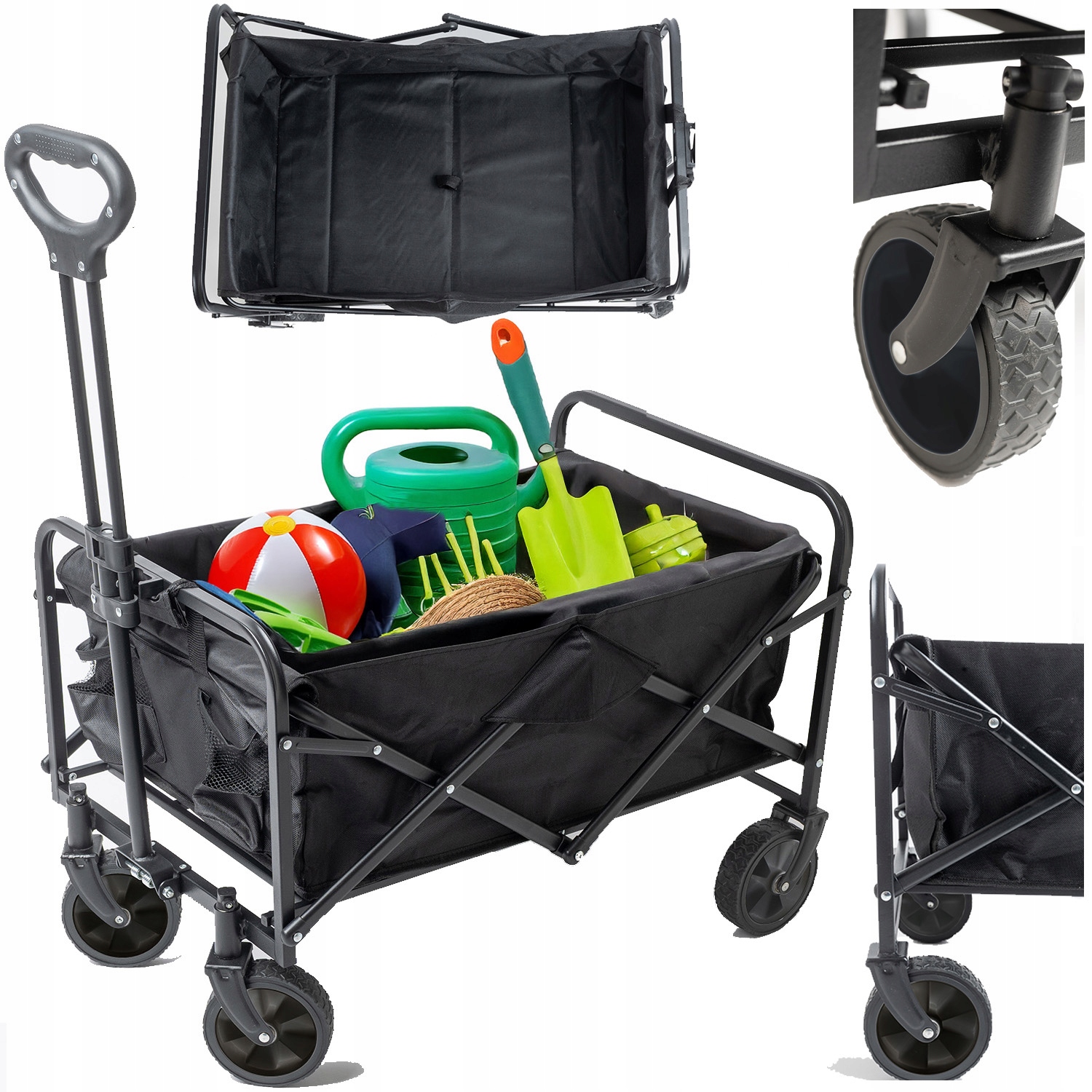 Wózek Turystyczny Plażowy Ogrodowy Zakupowy Campingowy Składany 90kg Czarny