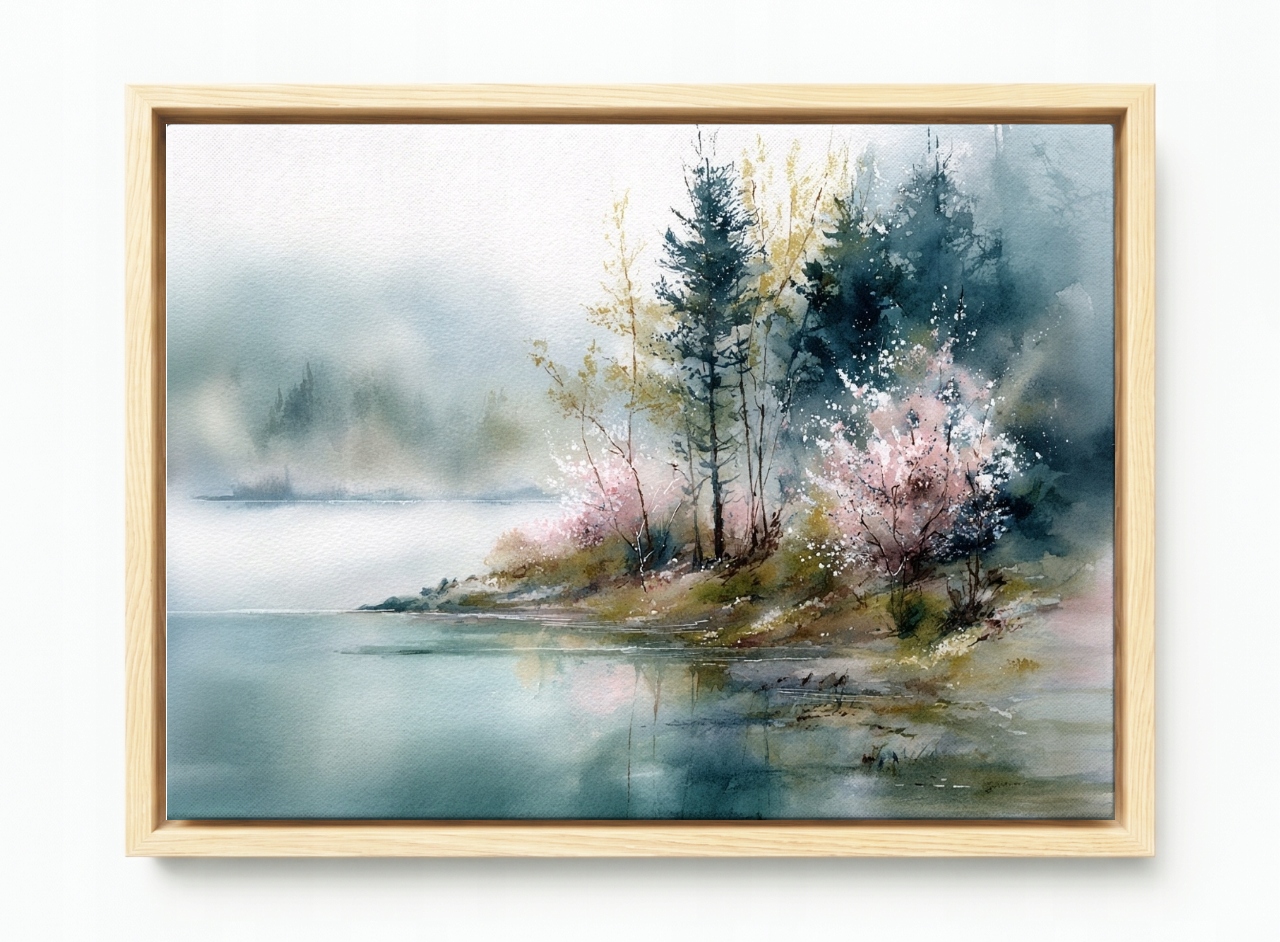 Obraz Rám Americký Box Krajina Jezero Břeh Stromu Jaro Mlha 60x40