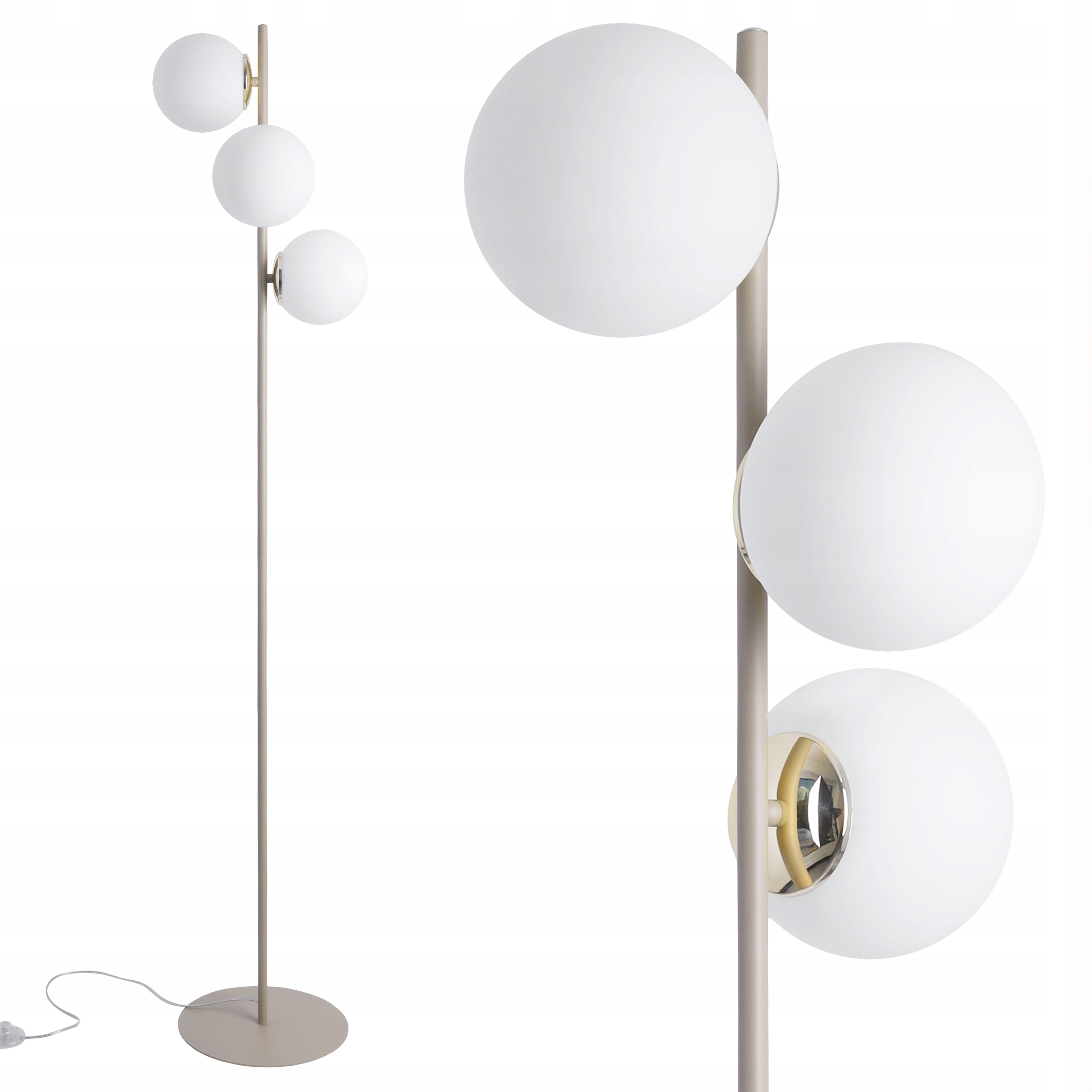 LAMPA STOJĄCA PODŁOGOWA KASZMIROWY BEŻ BIAŁE SZKLANE KULE DO SYPIALNI 3XE14