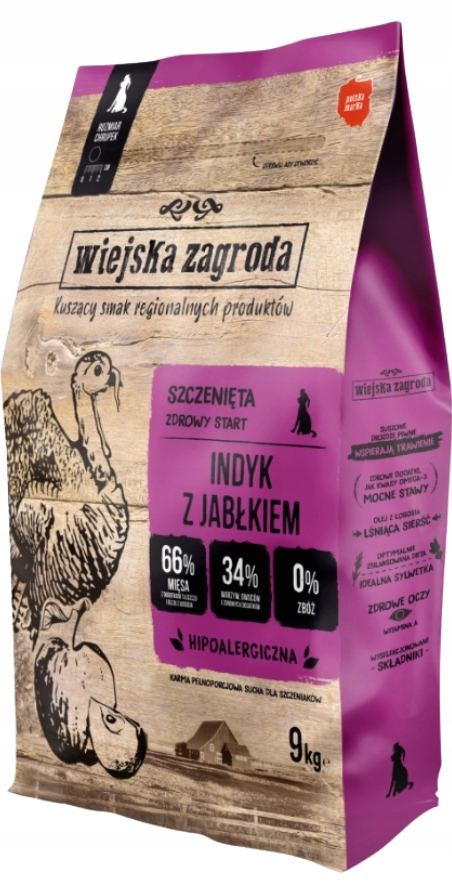 Wiejska Zagroda karma sucha dla szczeniąt indyk z jabłkiem chrupki M 9 kg