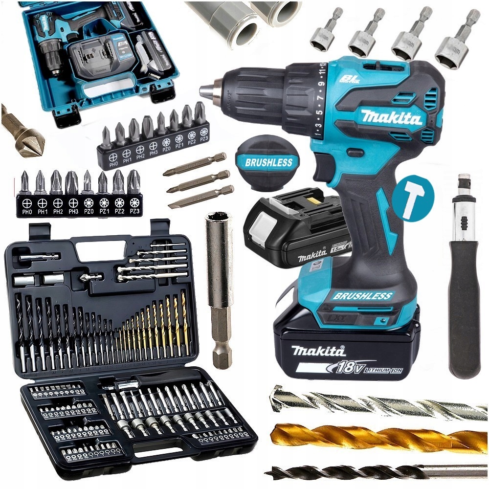 Makita Wiertarko Wkrętarka Bezszczotkowa Udar 18v 2xaku Zestaw Narz. 109el