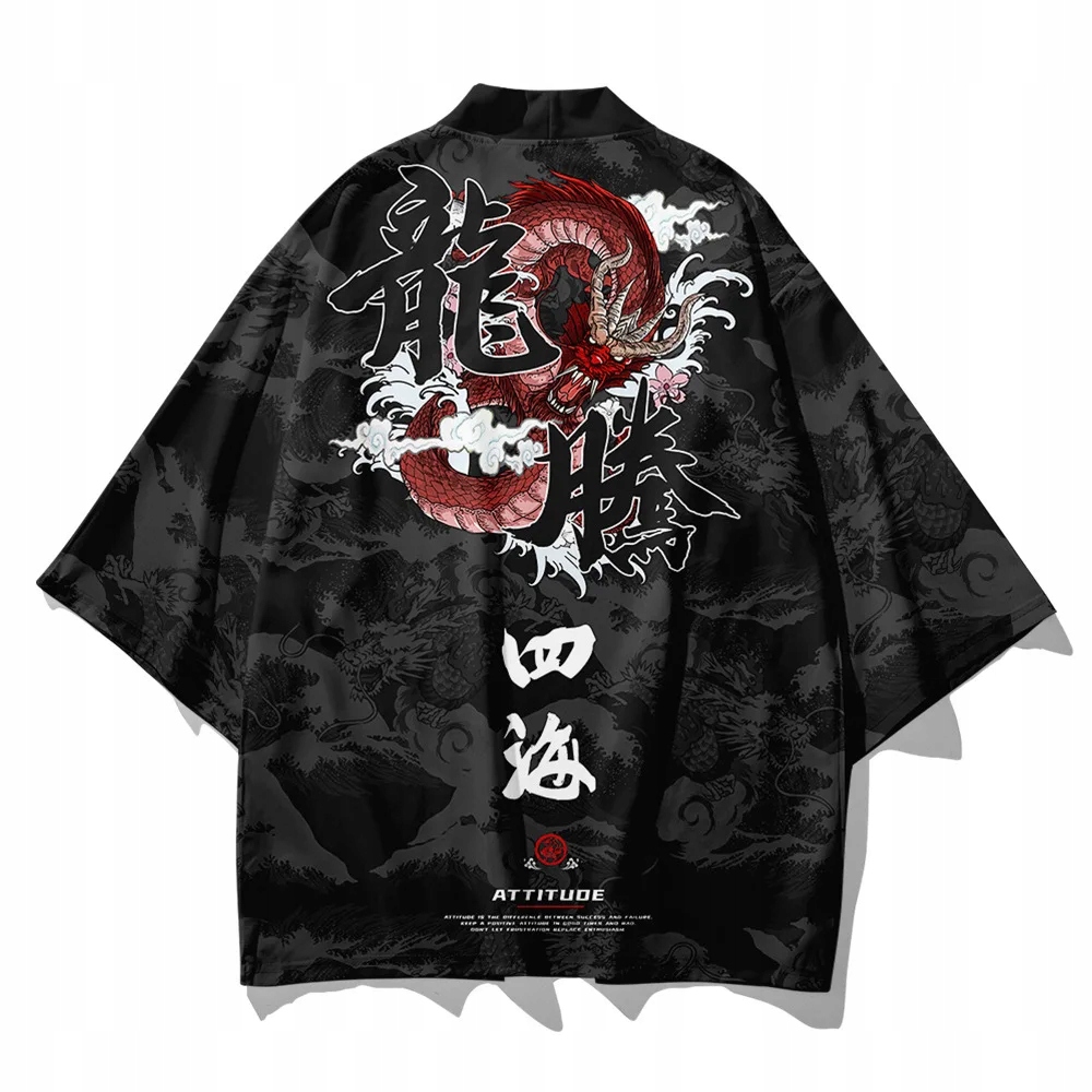 JAPOŃSKIE KIMONO HAORI SAMURAJ SMOK RYU RYUU LONG KANJI SUMERU SUWENIR R3 Rozmiar XL/XXL