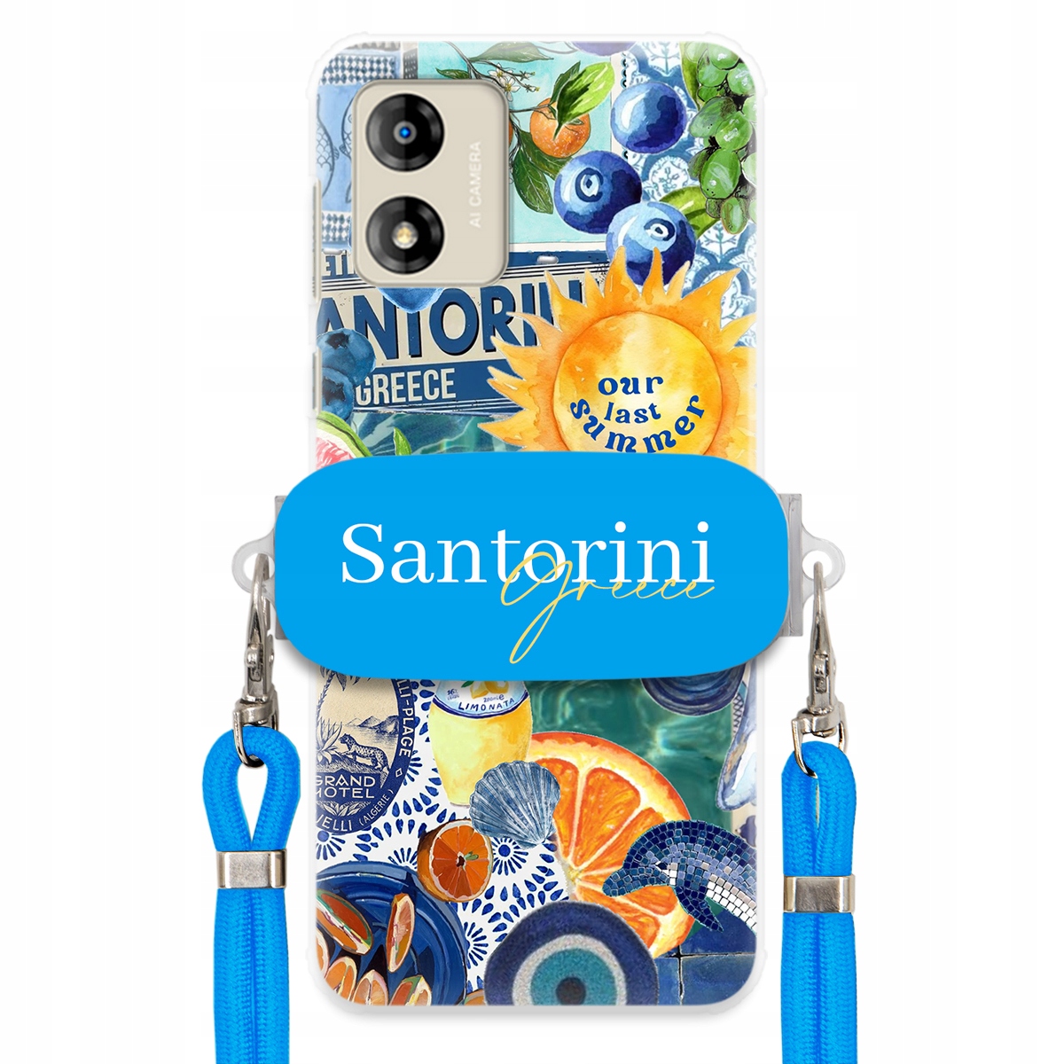 Pouzdro pro Motorola E13 Modré Crossbody vodítko Držák Santorini Sea Vibes