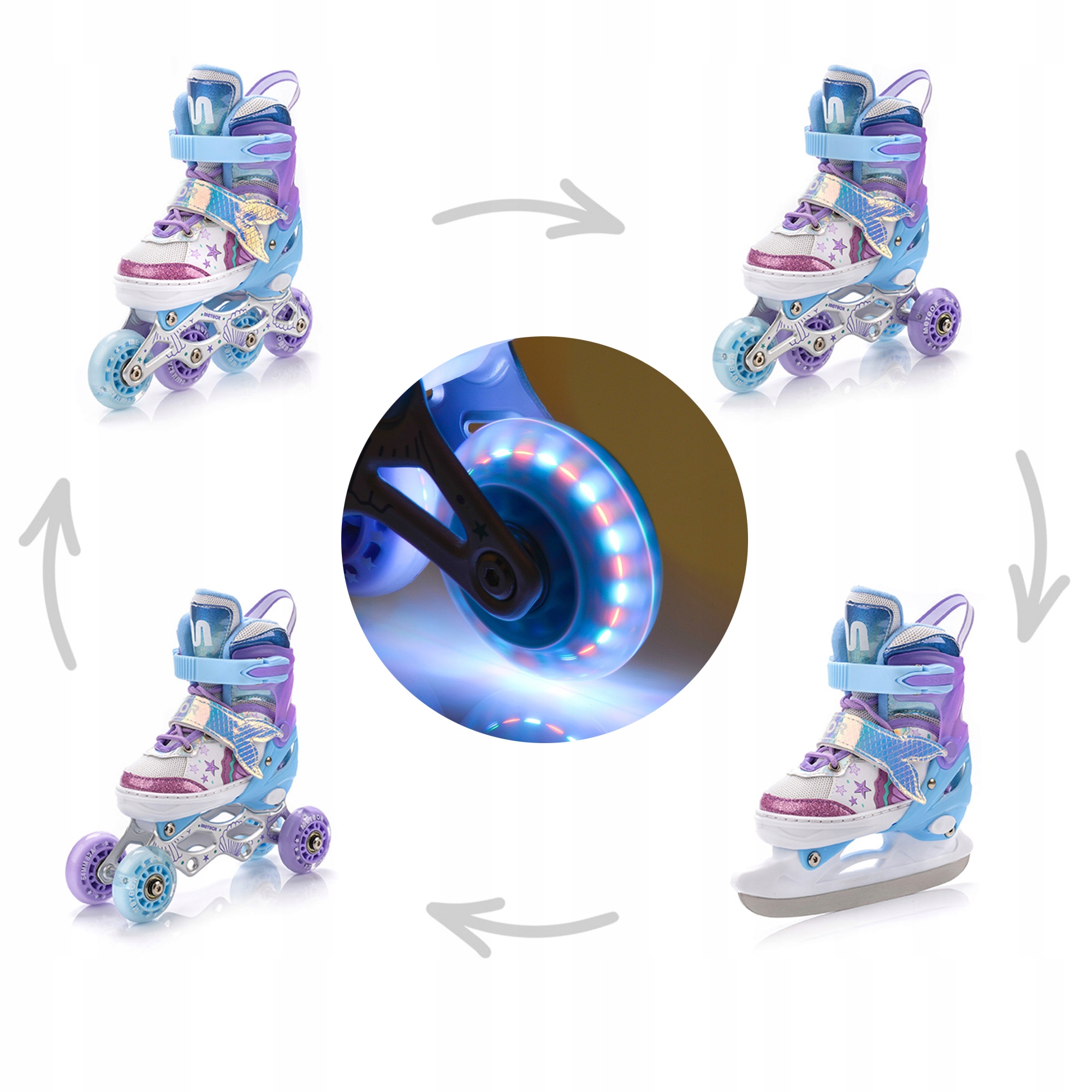 Kolečkové Brusle 4v1 Meteor Mermaid M 34-37 kombinované brusle: kolečkové, na led, inline Led 82A