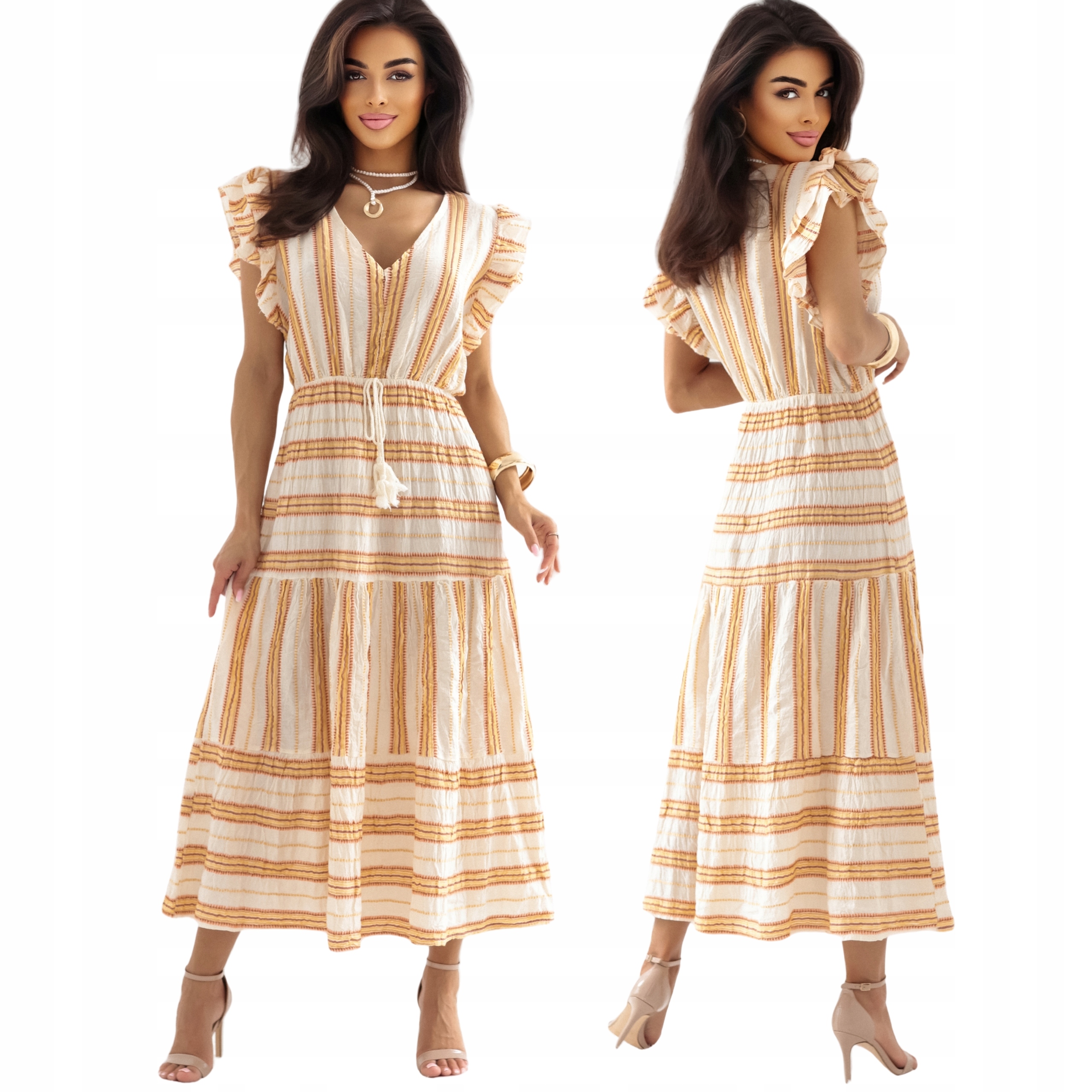 Letní šaty s volnými maxi volány, bavlněné Boho ecru, oranžové, Uni