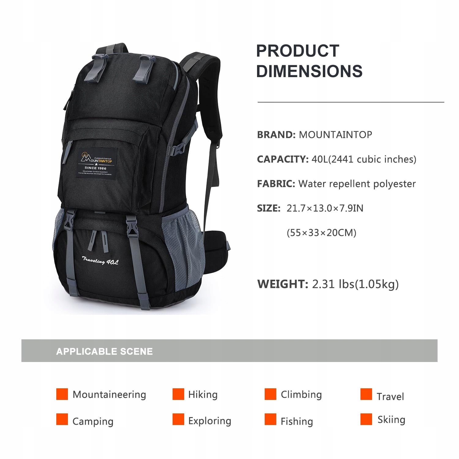 MOUNTAINTOP Plecak Turystyczny 40L Unisex Trekkingowy Outdoor z Pokrowcem — miniatura 3