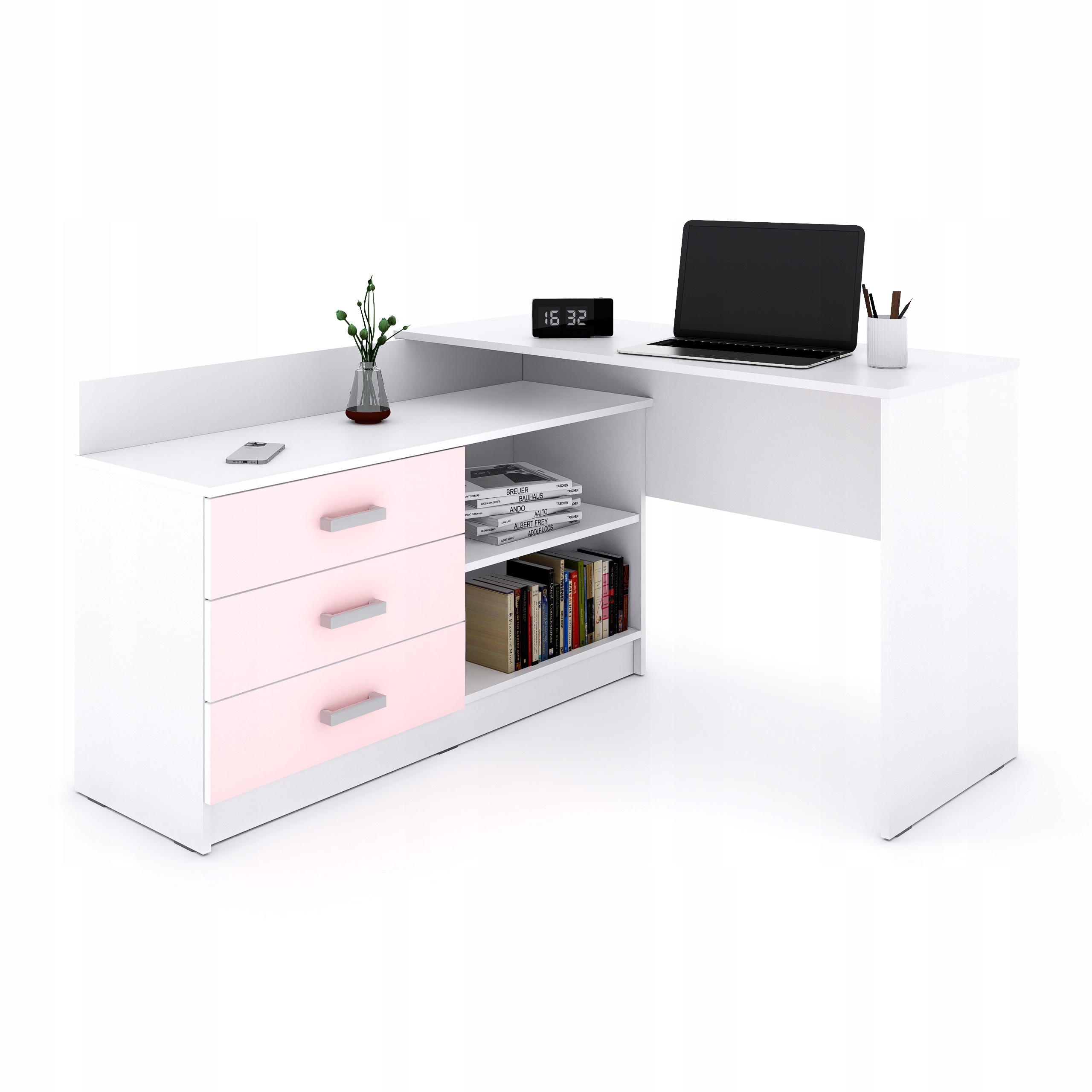 Pro Mládež rohový psací stůl Alto ve tvaru písmene, 3 zásuvky růžové