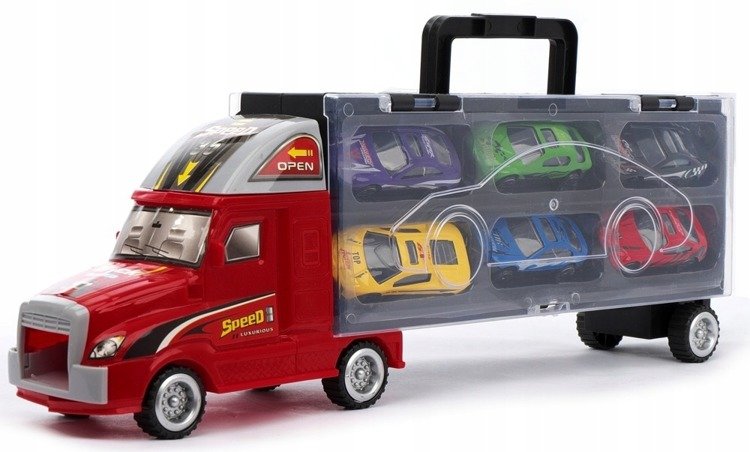 Auto LAWETA Tir WALIZKA 6x Resoraki Auta WYRZUTNIA Wiek dziecka 2 lata +