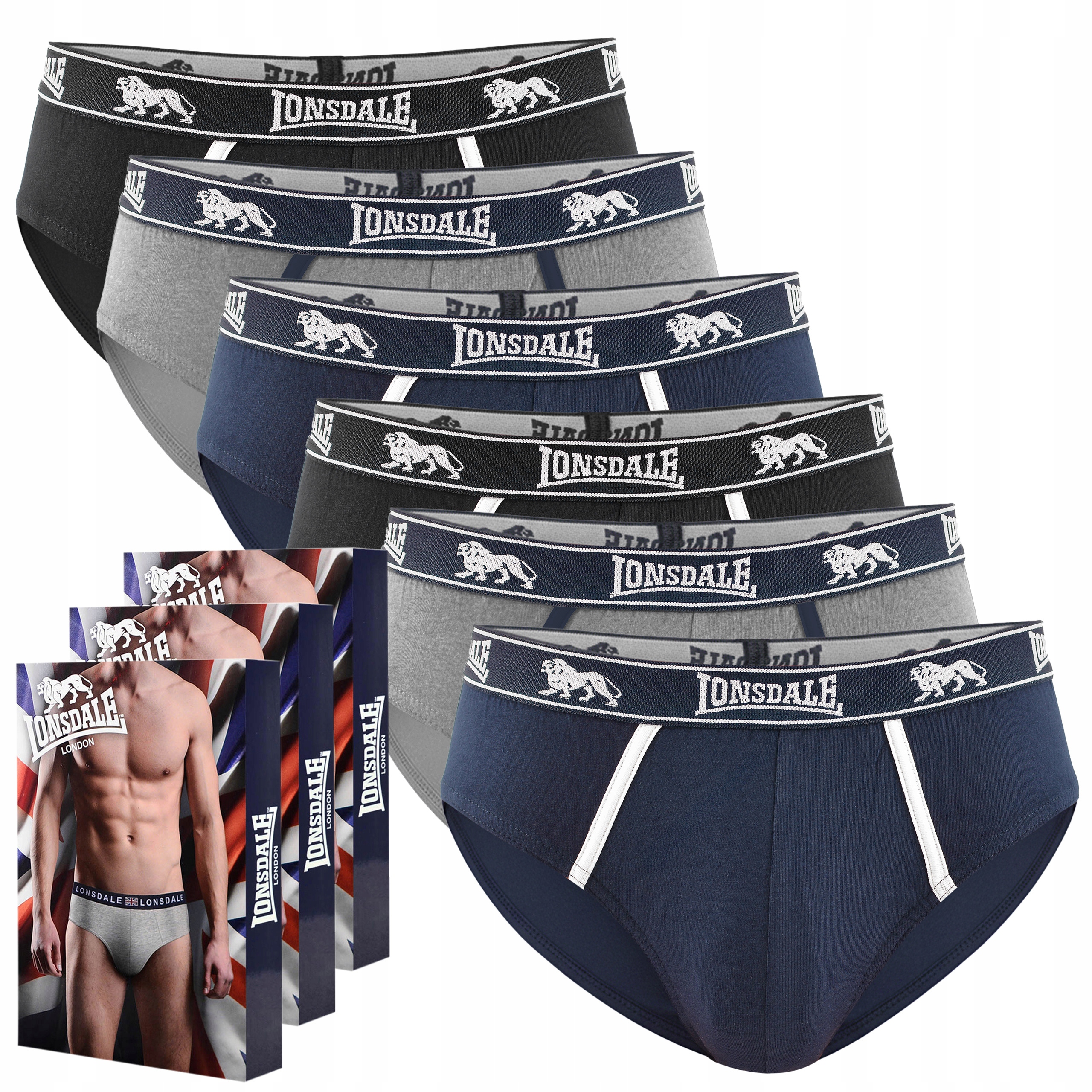 Lonsdale Pánské slipy 6 kusů Bavlna Navy Black Grey Velikost M