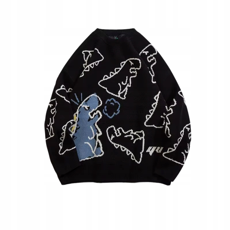 Unisex oversize svetr s dinosaurem, černý, volný střih XXL