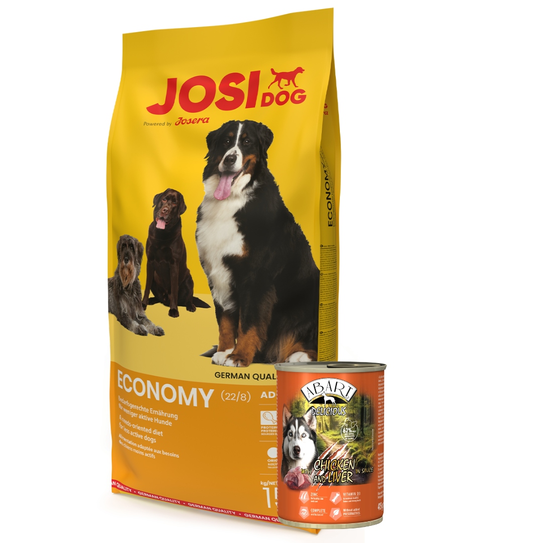 JosiDog Economy 15kg Abart Delicious Puszka 415g kurczak z wątróbką sos