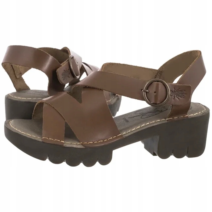 Boty Kožené sandály na podpatku Fly London Eria Bridle Camel Hnědé