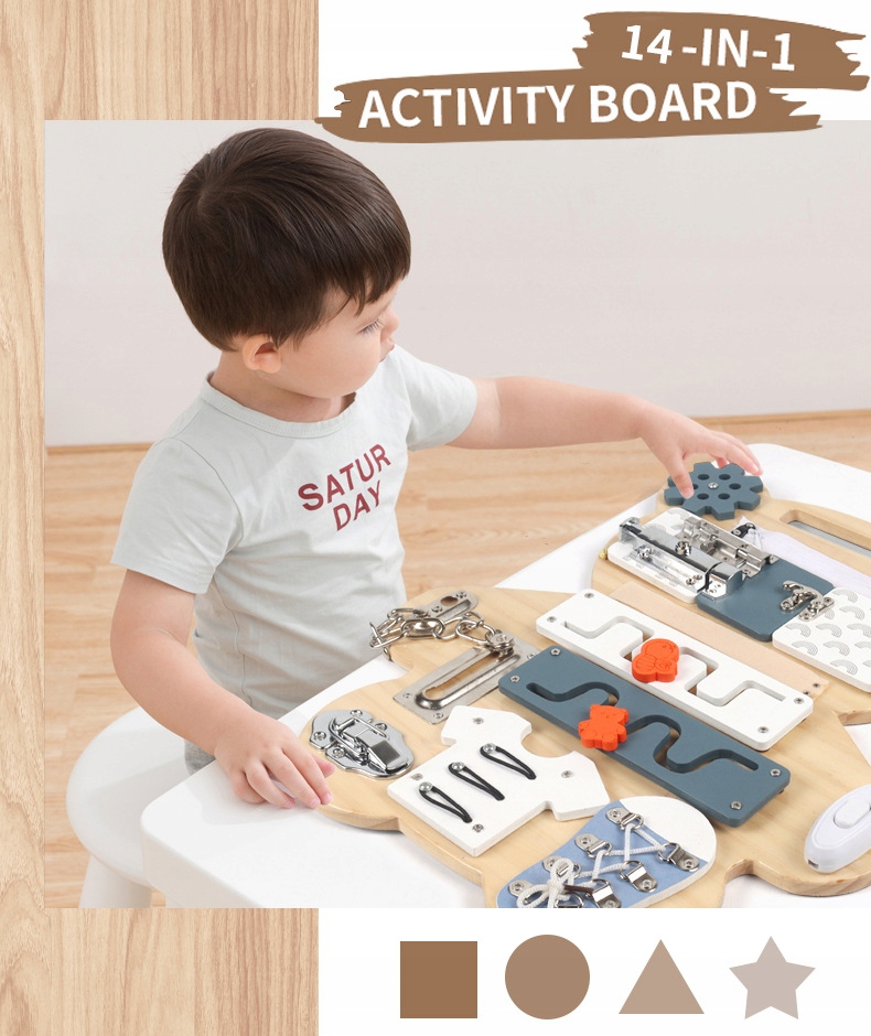 TABLICA SENSORYCZNA MANIPULACYJNA MONTESSORI BOARD 14 elementów DWUSTRONNA Materiał drewno metal plastik