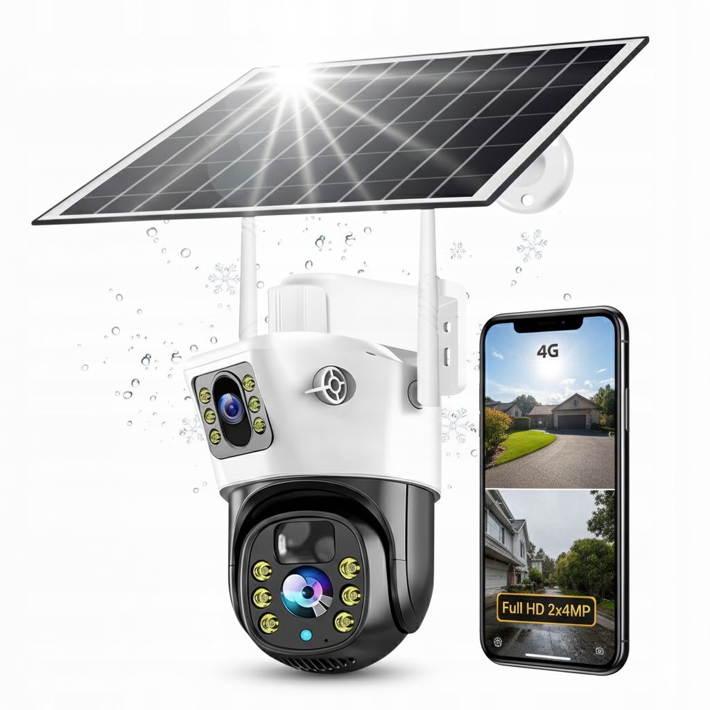 Solární WiFi kamera Dual 2x4MP Otočná venkovní bezdrátová Ptz