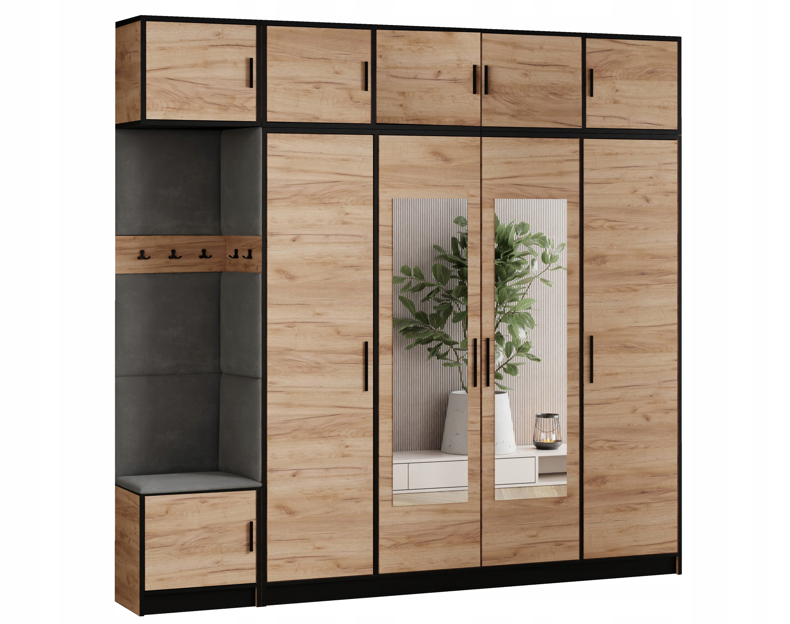 Šatní skříň Dior 15 dub craft zlatý šedá tkanina, sedák s nástavcem