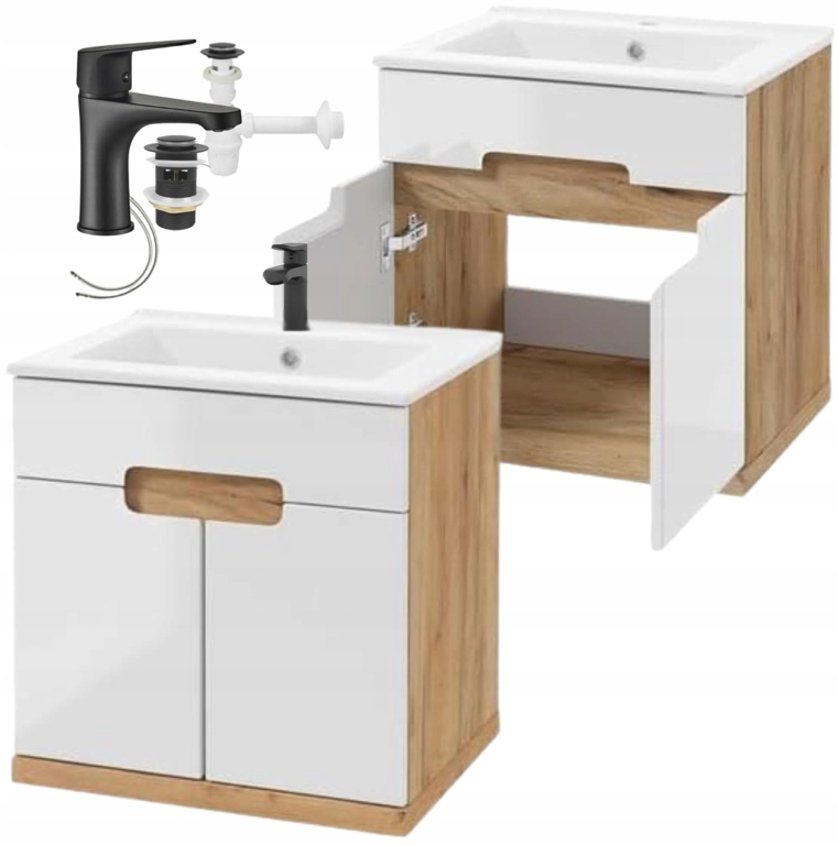 Koupelnová skříňka s umyvadlem a baterií a polosifonem 50x50 cm, závěsná, dub craft