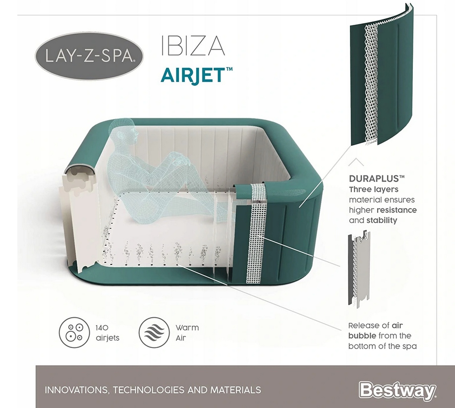 BESTWAY 60015 SPA 6 OS. 180x66 cm IBIZA HYDROMASAŻ CHLOR FILTRY UCHWYT Długość 180 cm