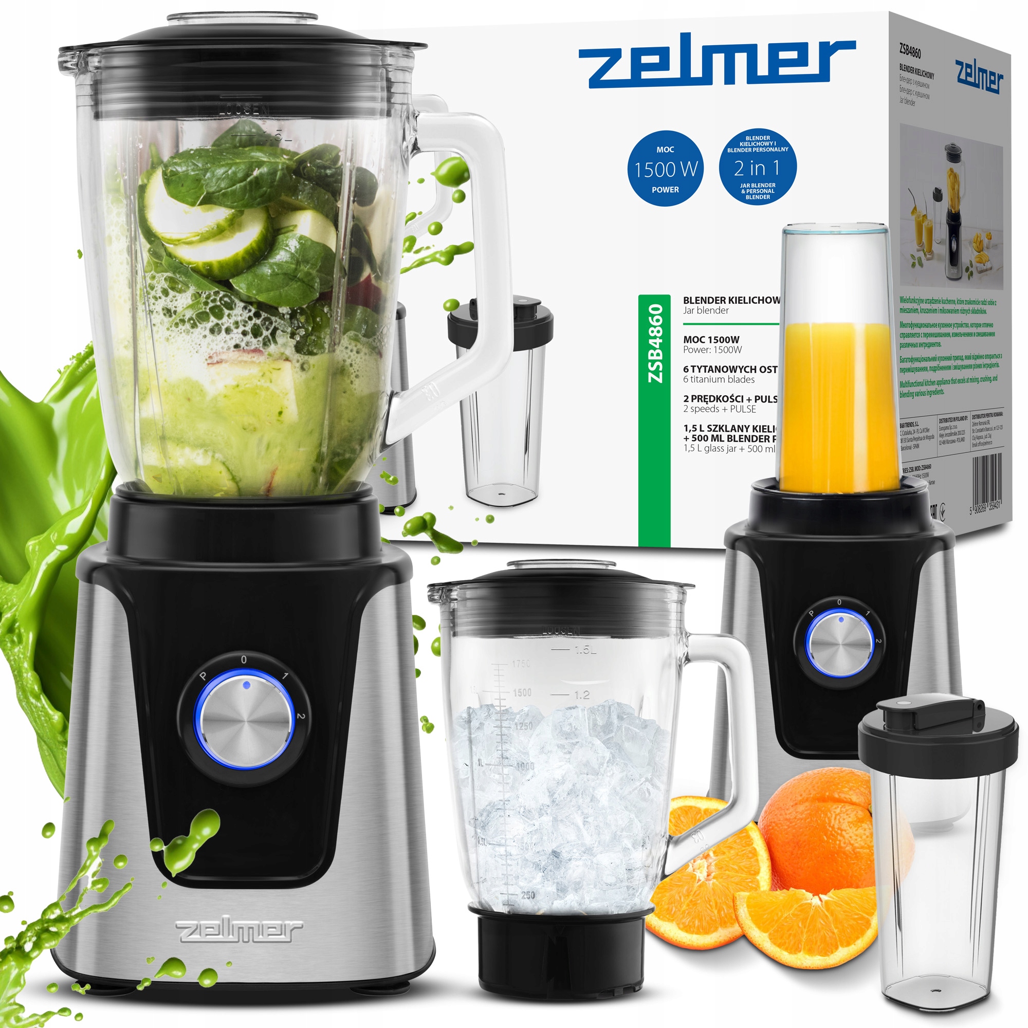 Blender Kielichowy Zelmer Do Smoothie Miksuje Kruszy Lód Szklany 1500W