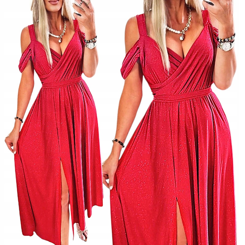 Sukienka Długa Z Rozcięciem Na Wesele Przyjęcie Galowa Błyszcząca Maxi