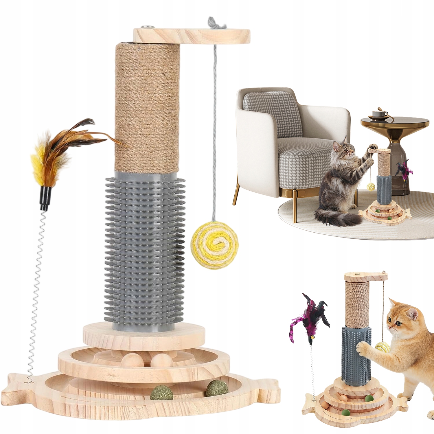 Levně Škrabadlo Pro Kočky Dřevěné S Dráhou Na Hraní Hračka Interaktivní Sloupek