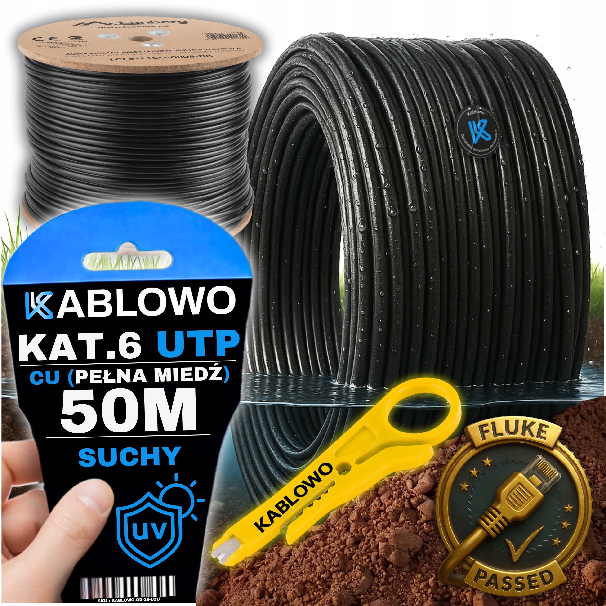 Kabel Sieciowy Skrętka Przewód Lan Zewnętrzny U/utp KAT.6 Cat 50M Lanberg