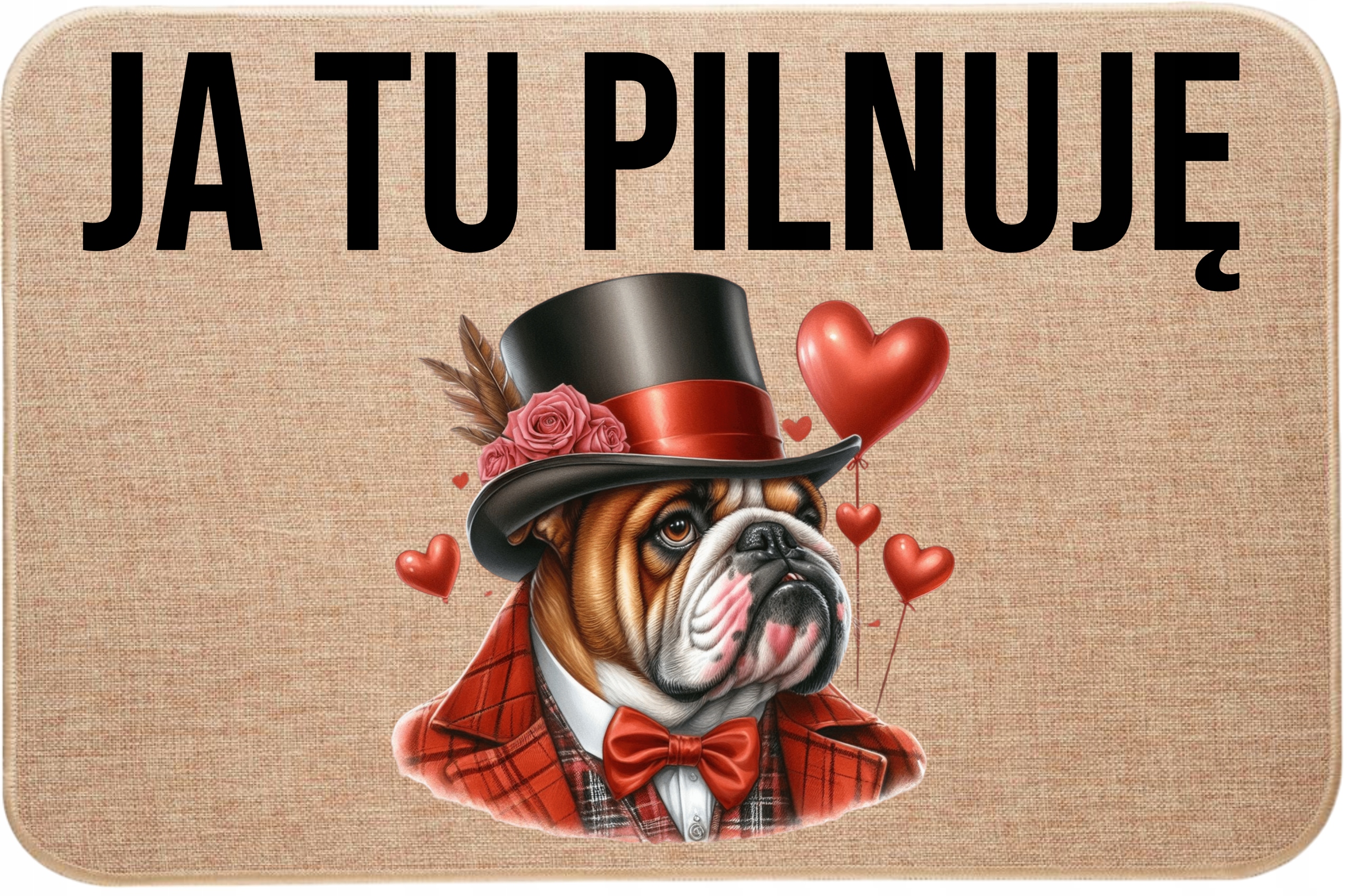 Lněná rohožka před dveřmi – tady hlídám Valentýnský buldoček – srdce