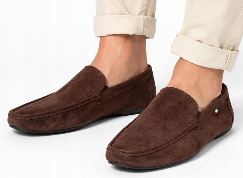 9320 BRĄZOWE MOKASYNY MĘSKIE PÓŁBUTY ZAMSZOWE WSUWANE