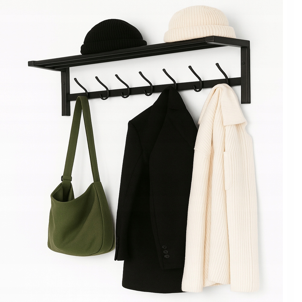 Nástěnný kovový věšák na oblečení černý s poličkou 70 cm, 7 háčků, loft