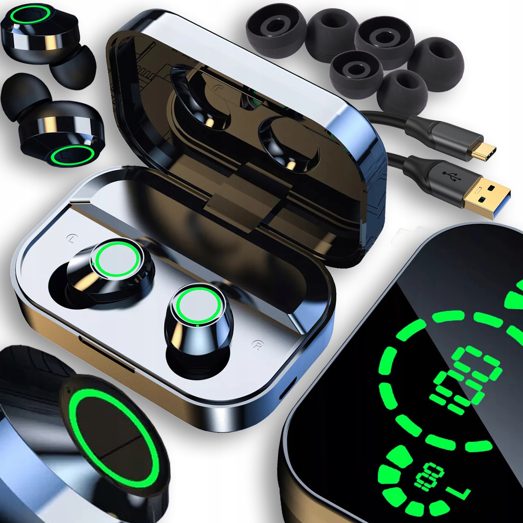 SŁUCHAWKI BEZPRZEWODOWE BLUETOOTH POWERBANK WYŚWIETLACZ LCD Z LUSTERKIEM