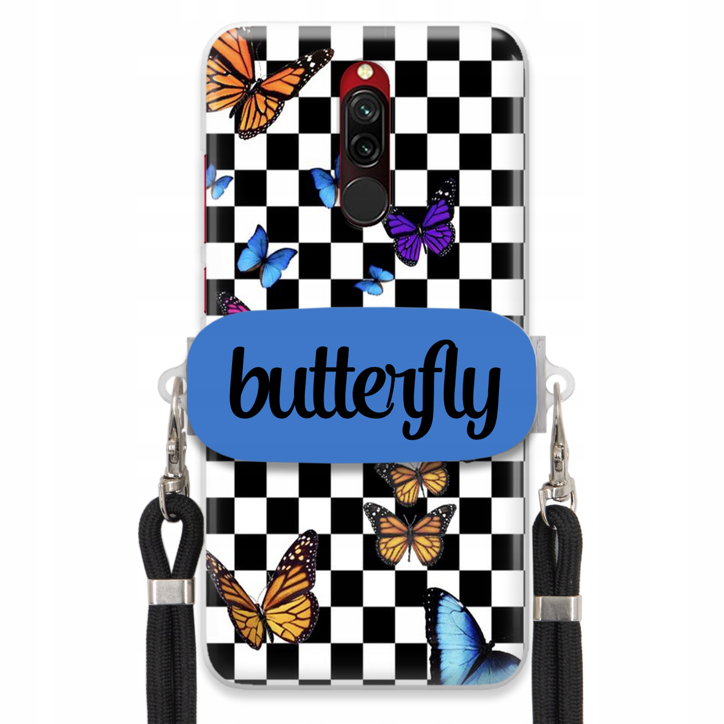Puzdro Pre Xiaomi Redmi 8 Case Obdĺžnikový Držiak Čierne Vodítko Butterfly Motýle