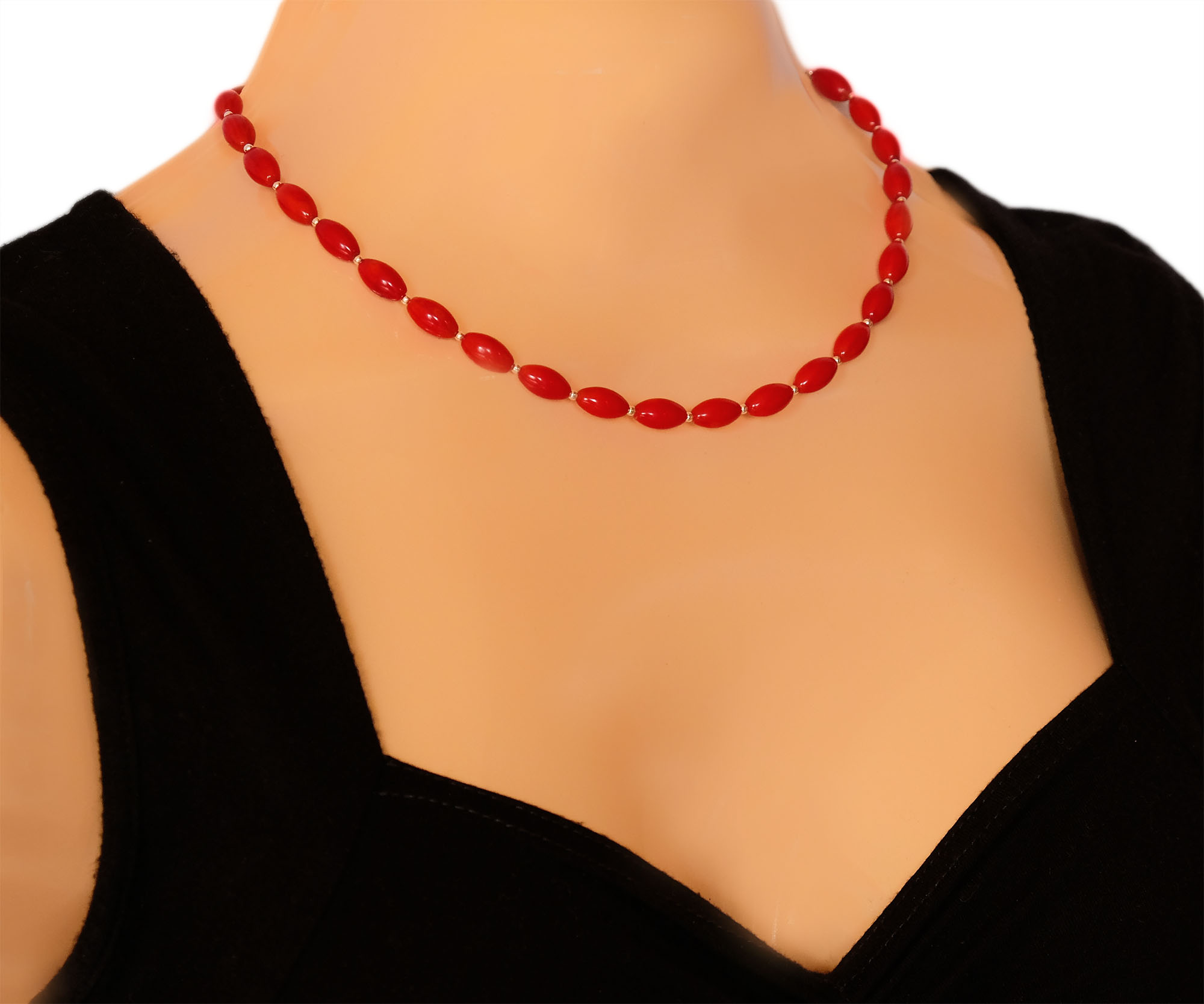 Jemná Kolie z červených korálů Náhrdelník Pravé korále Stříbro 45cm