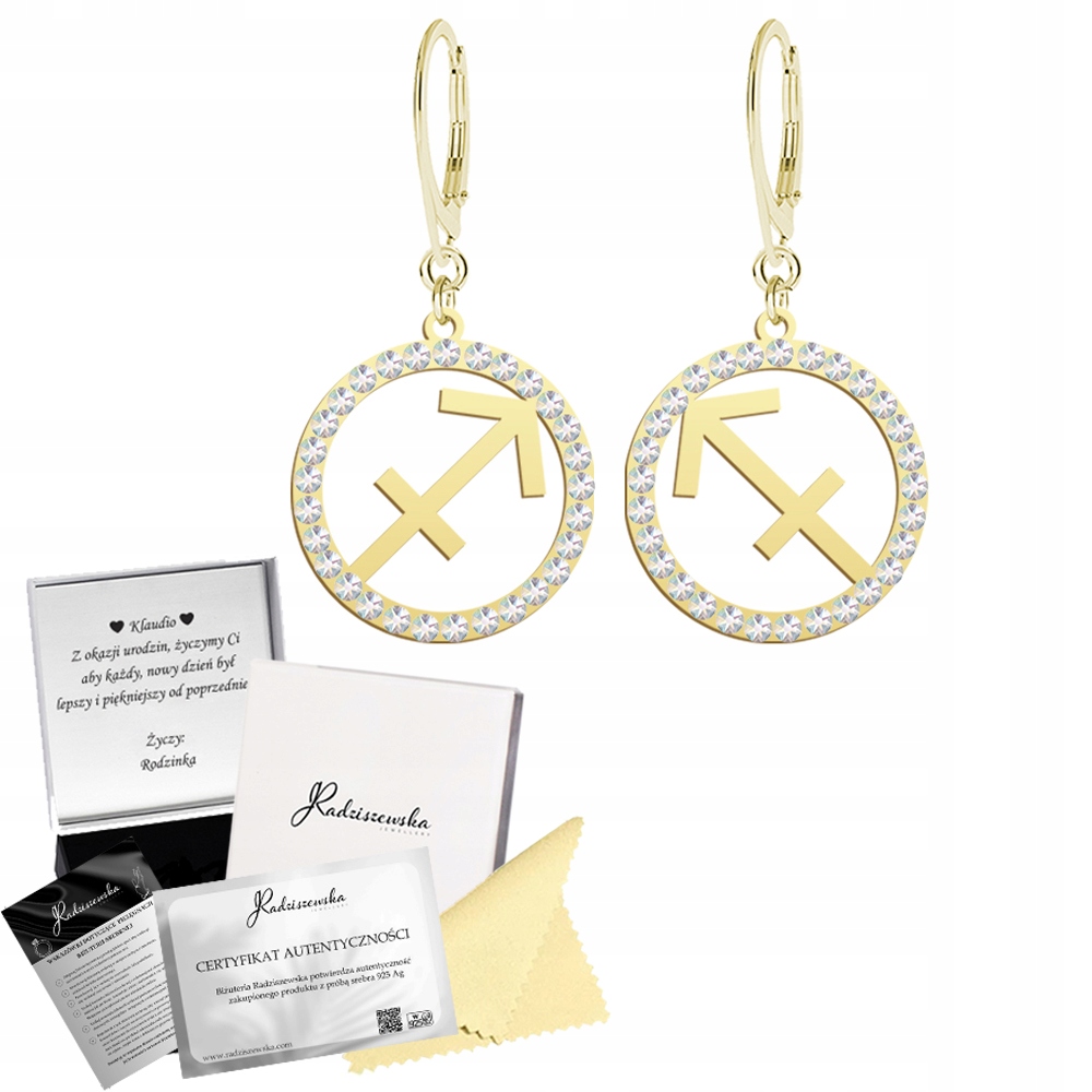 Zlaté Náušnice Znamení zvěrokruhu Střelec Krystaly Dárek 925 Stříbro Dedikace