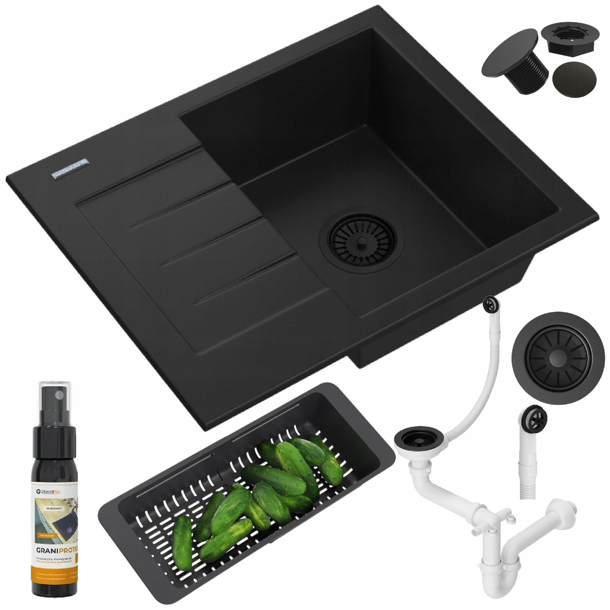 Granitový Dřez Jednokomorový S Odkapávačem Černý Sifon Sada Milano