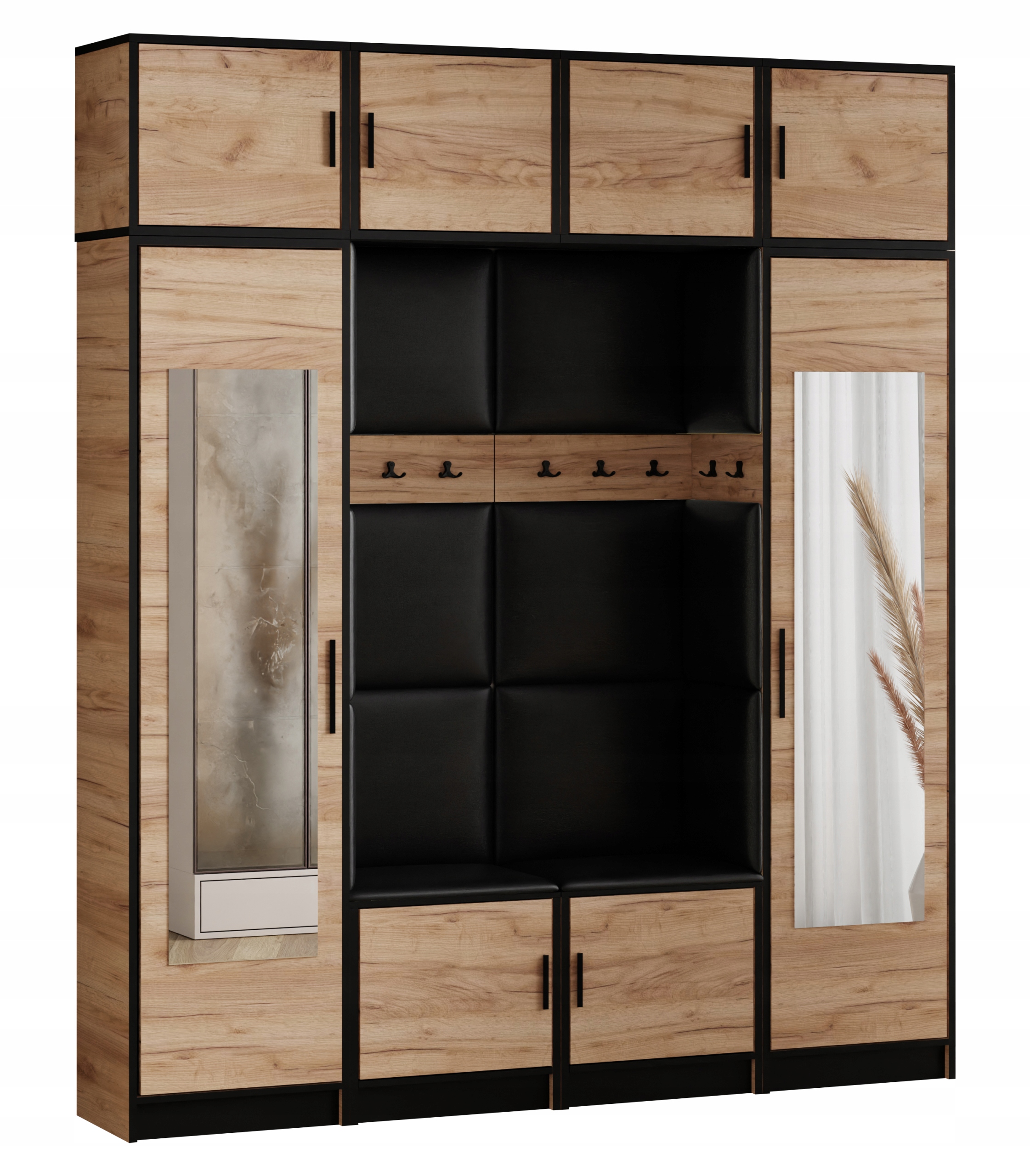 Šatní skříň s nástavcem Dior 18 dub craft zlatý ekokůže, černý sedák